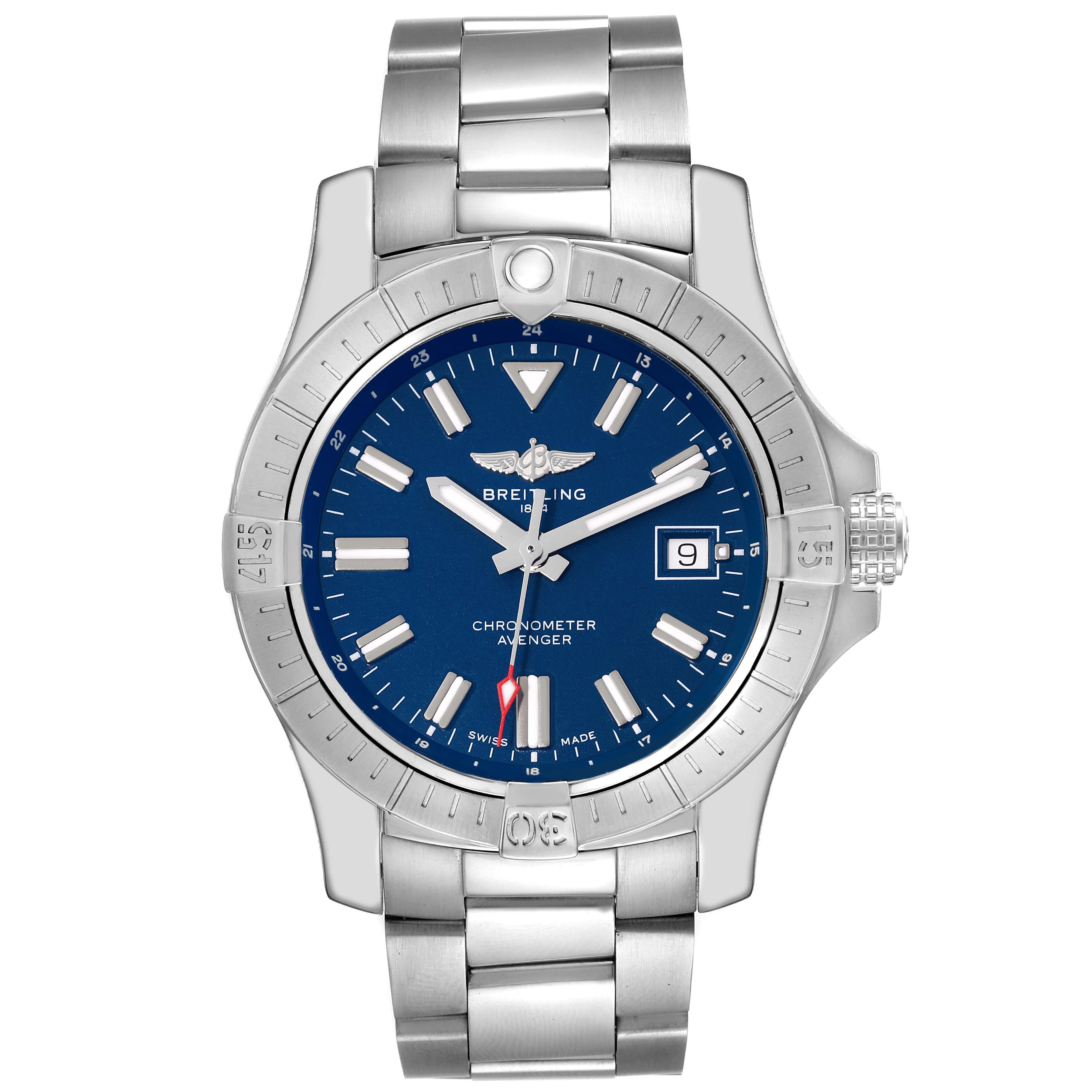 The Breitling Avenger A17318 Men's Stainless Steel Blue Dial A17318 Men's Stainless Steel Blue Dial watch is shown from a front angle, displaying its blue dial, bezel, crown, and stainless steel bracelet.