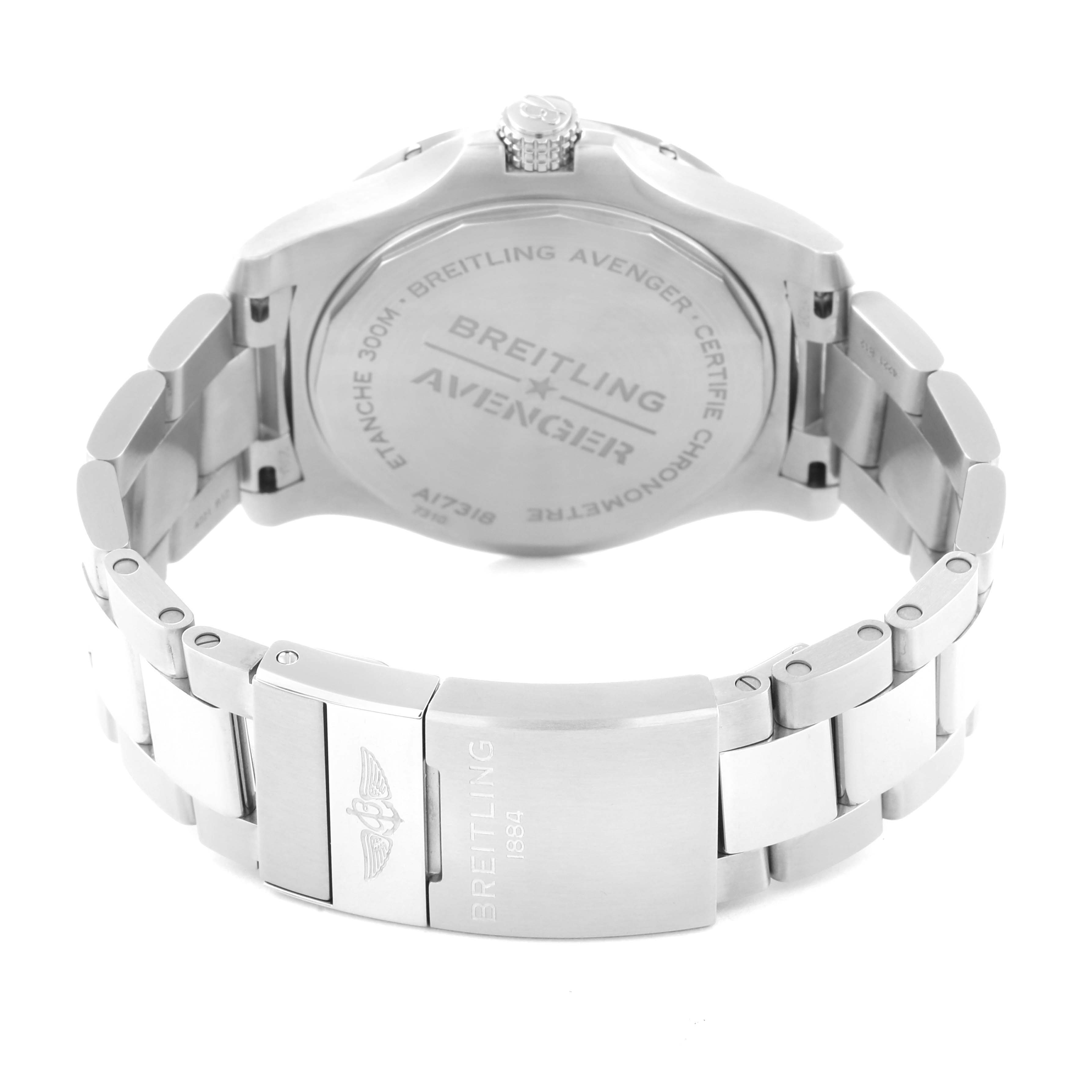 The image shows the back and clasp of a Breitling Avenger A17318 Men's Stainless Steel Blue Dial A17318 Men's Stainless Steel Blue Dial watch, highlighting the engraved details and bracelet.