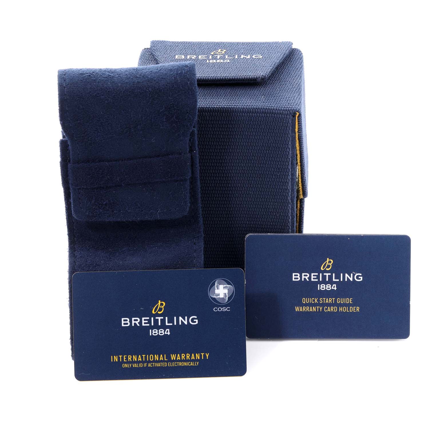 The image shows the box and case for the Breitling Avenger A17318 Men's Stainless Steel Blue Dial A17318 Men's Stainless Steel Blue Dial, accompanied by an International Warranty card and Quick Start Guide.