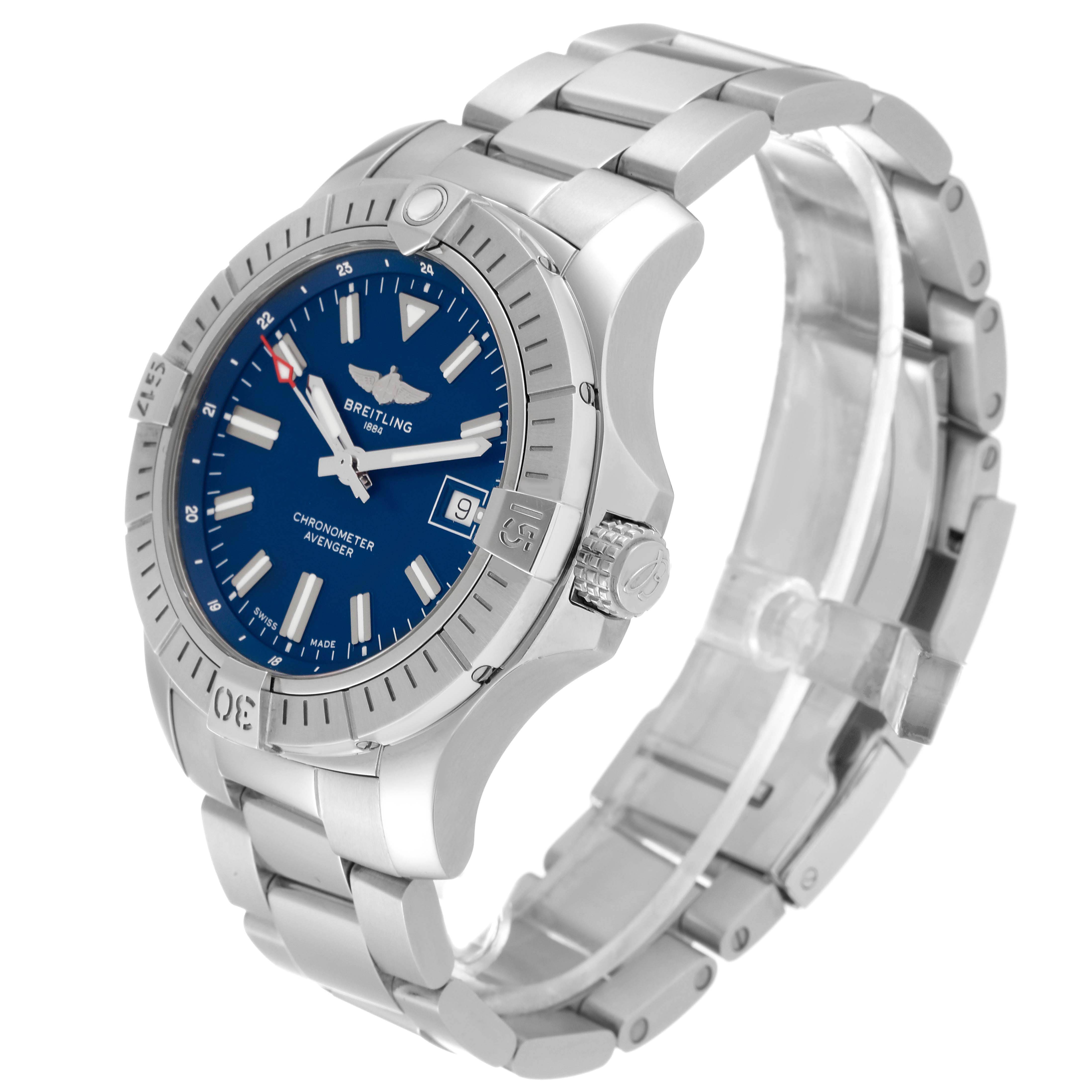 The image shows a side angle of the Breitling Avenger A17318 Men's Stainless Steel Blue Dial A17318 Men's Stainless Steel Blue Dial watch displaying its bracelet, bezel, crown, and blue dial with date display.