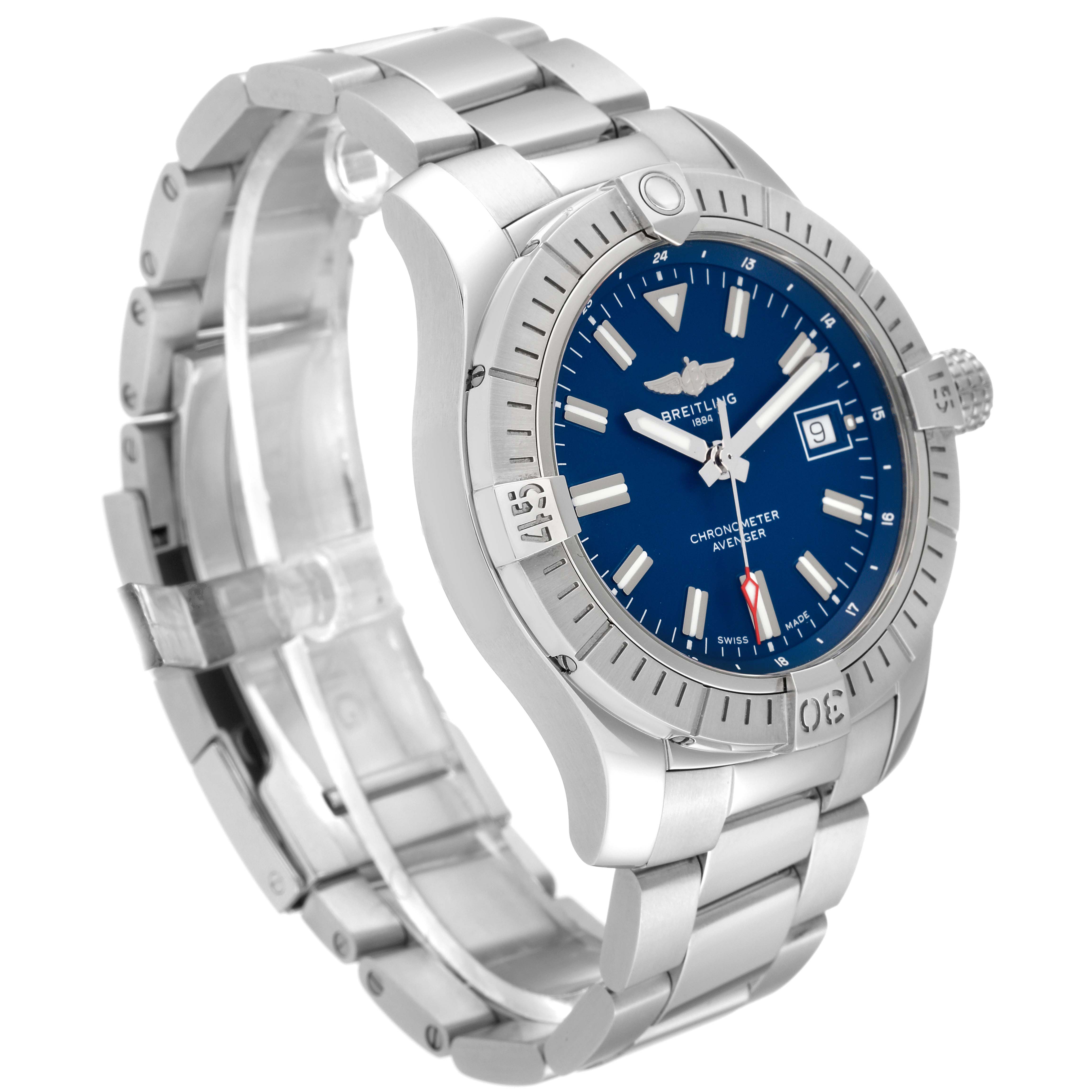 The Breitling Avenger A17318 Men's Stainless Steel Blue Dial A17318 Men's Stainless Steel Blue Dial watch is shown at a slight angle, highlighting its blue dial, date window, silver bezel, and stainless steel bracelet.