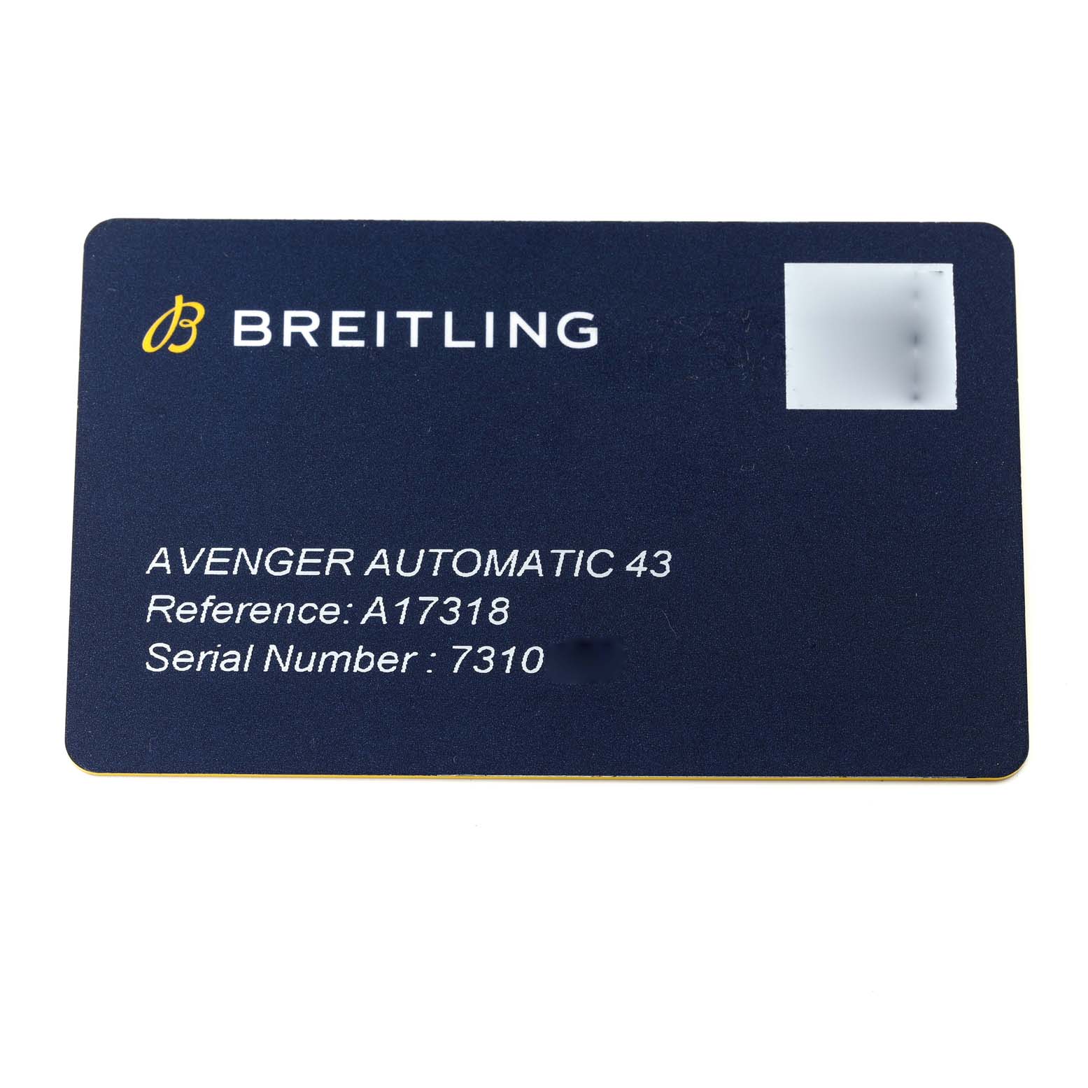 The image shows a warranty card for the Breitling Avenger A17318 Men's Stainless Steel Blue Dial A17318 Men's Stainless Steel Blue Dial Automatic 43 watch model, displaying the brand, model, reference, and serial number.