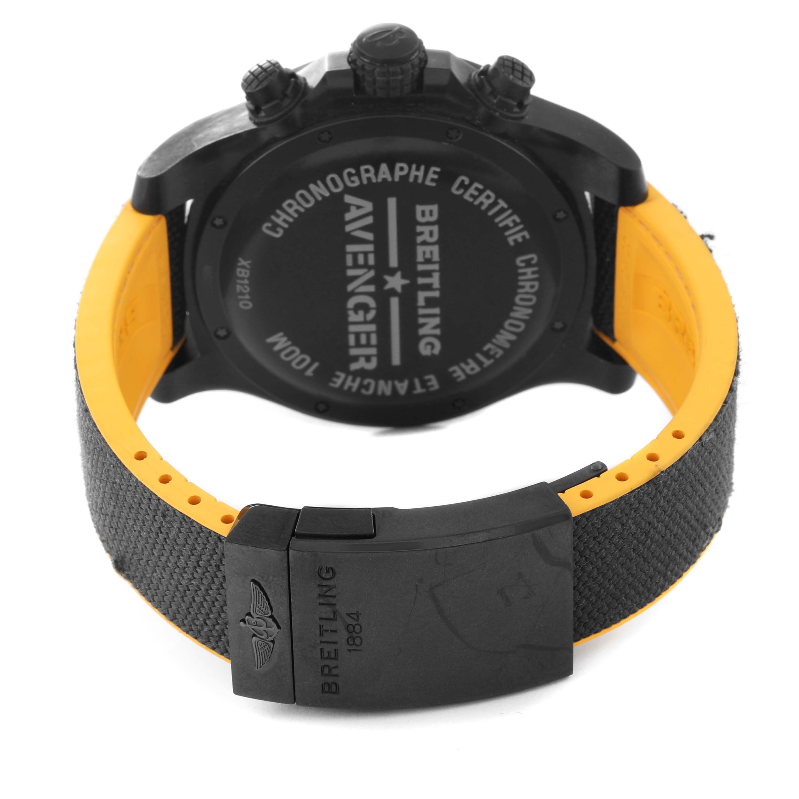 This image shows the back case and clasp of a Breitling Avenger XB1210E4/BE89 Men's Titanium Black Dial XB1210E4/BE89 Men's Titanium Black Dial watch at an oblique angle.