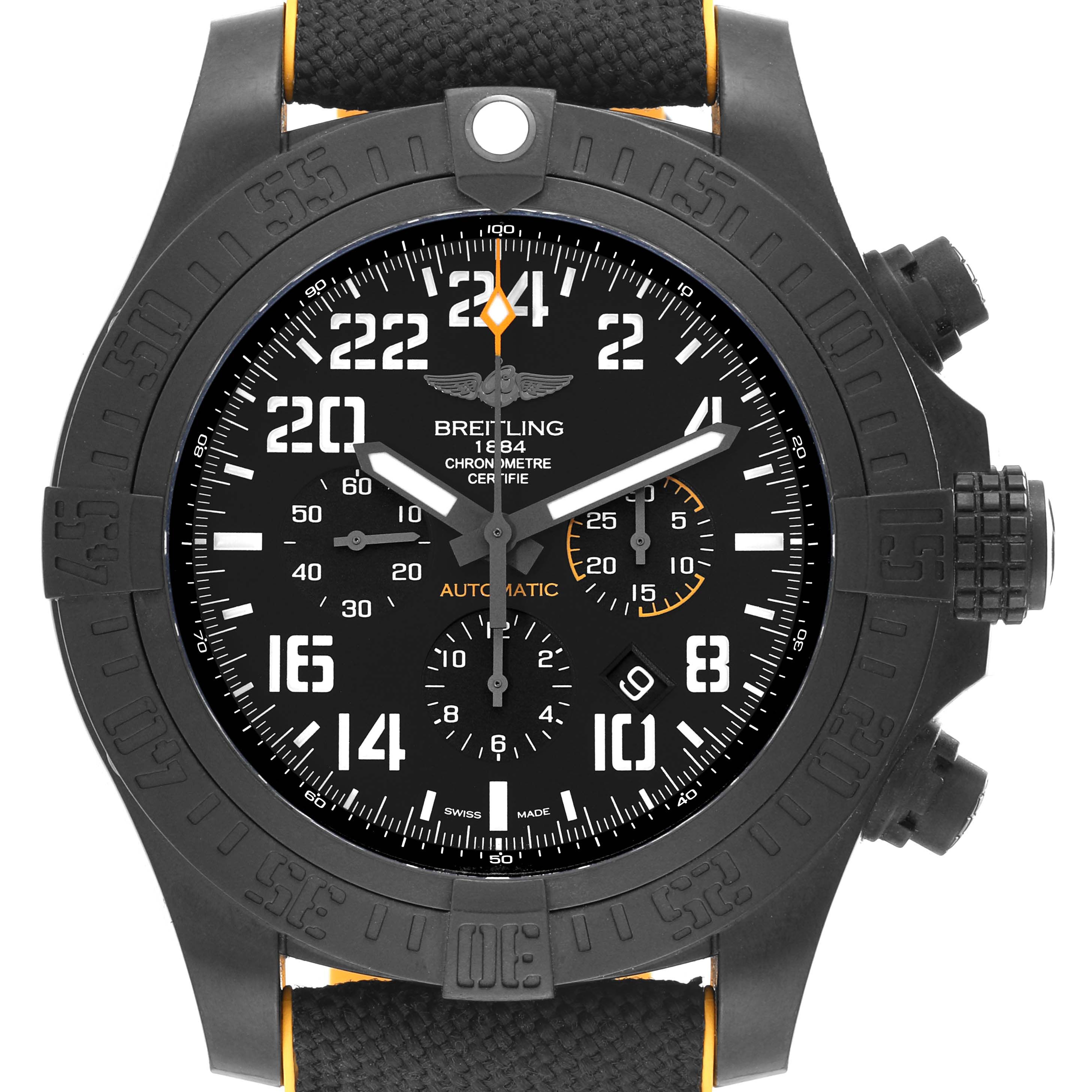 The image shows a frontal view of the Breitling Avenger XB1210E4/BE89 Men's Titanium Black Dial XB1210E4/BE89 Men's Titanium Black Dial model watch, highlighting its dial, bezel, and crown.