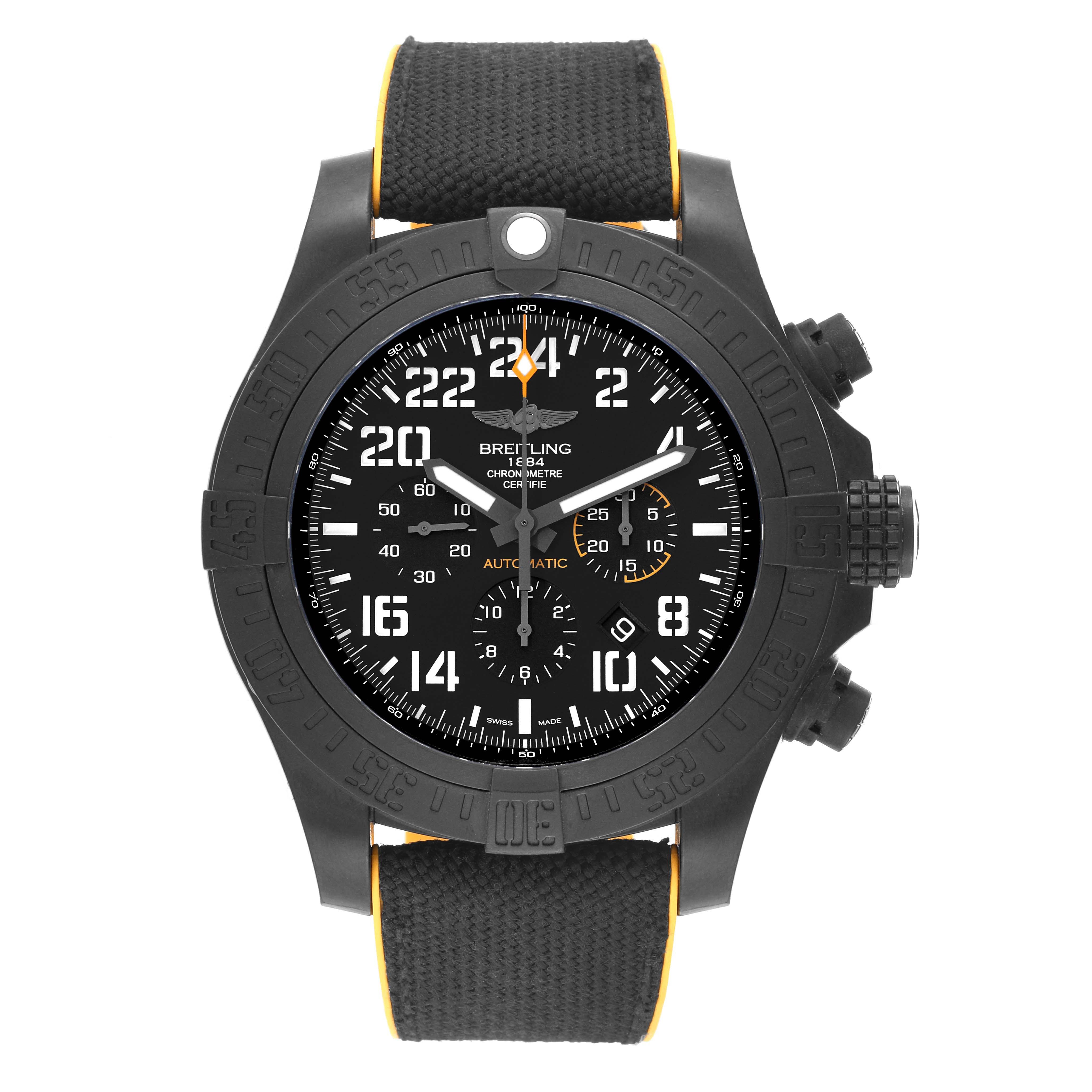 This image shows the front view of the Breitling Avenger XB1210E4/BE89 Men's Titanium Black Dial XB1210E4/BE89 Men's Titanium Black Dial watch, displaying its face, bezel, and strap.