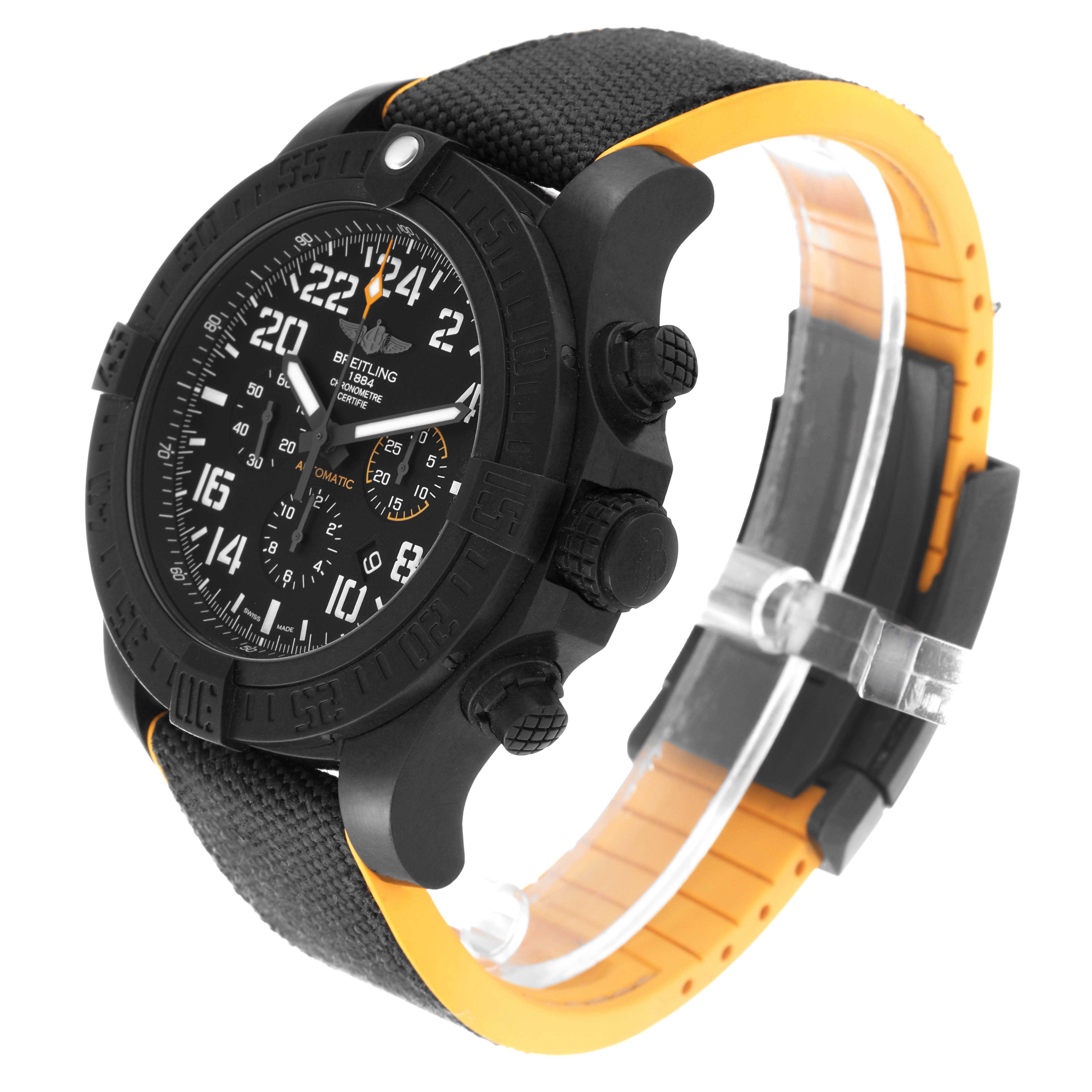 The Breitling Avenger XB1210E4/BE89 Men's Titanium Black Dial XB1210E4/BE89 Men's Titanium Black Dial watch is shown at a slightly tilted side angle, highlighting its face, crown, pushers, and strap.