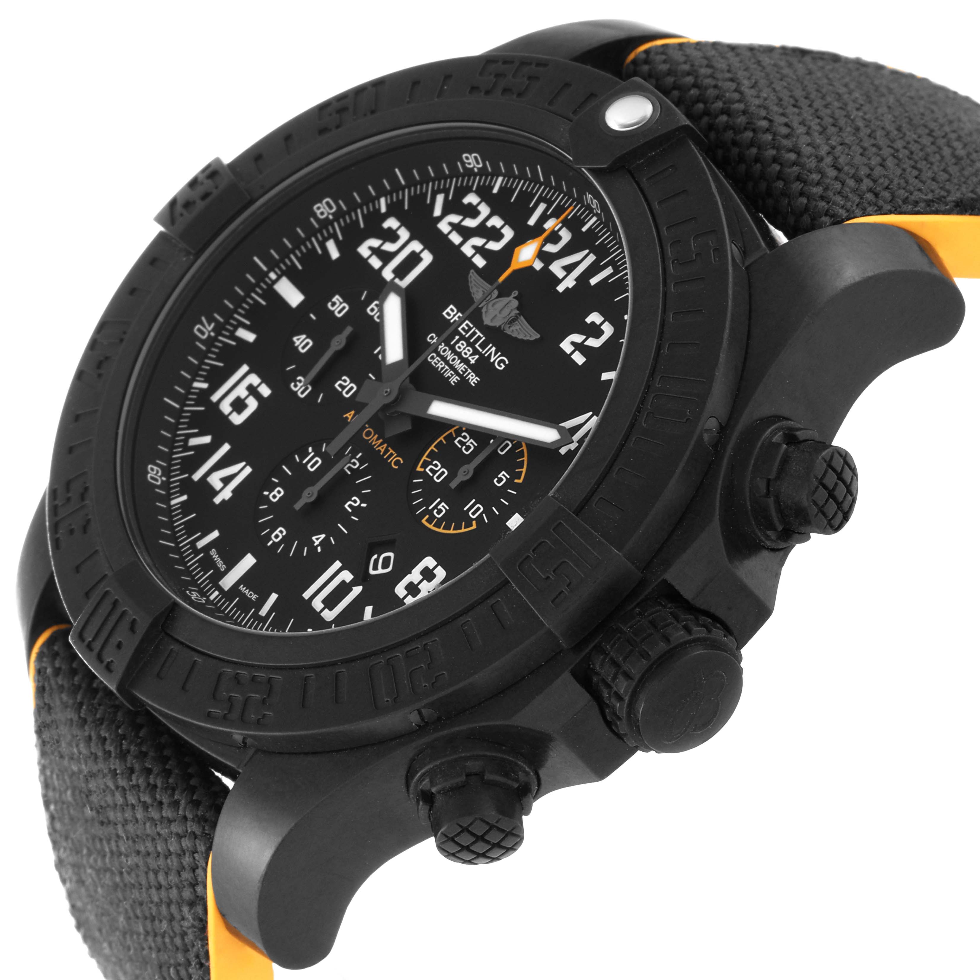 This image shows a side angle of a Breitling Avenger XB1210E4/BE89 Men's Titanium Black Dial XB1210E4/BE89 Men's Titanium Black Dial watch, highlighting the case, dial, bezel, and strap.