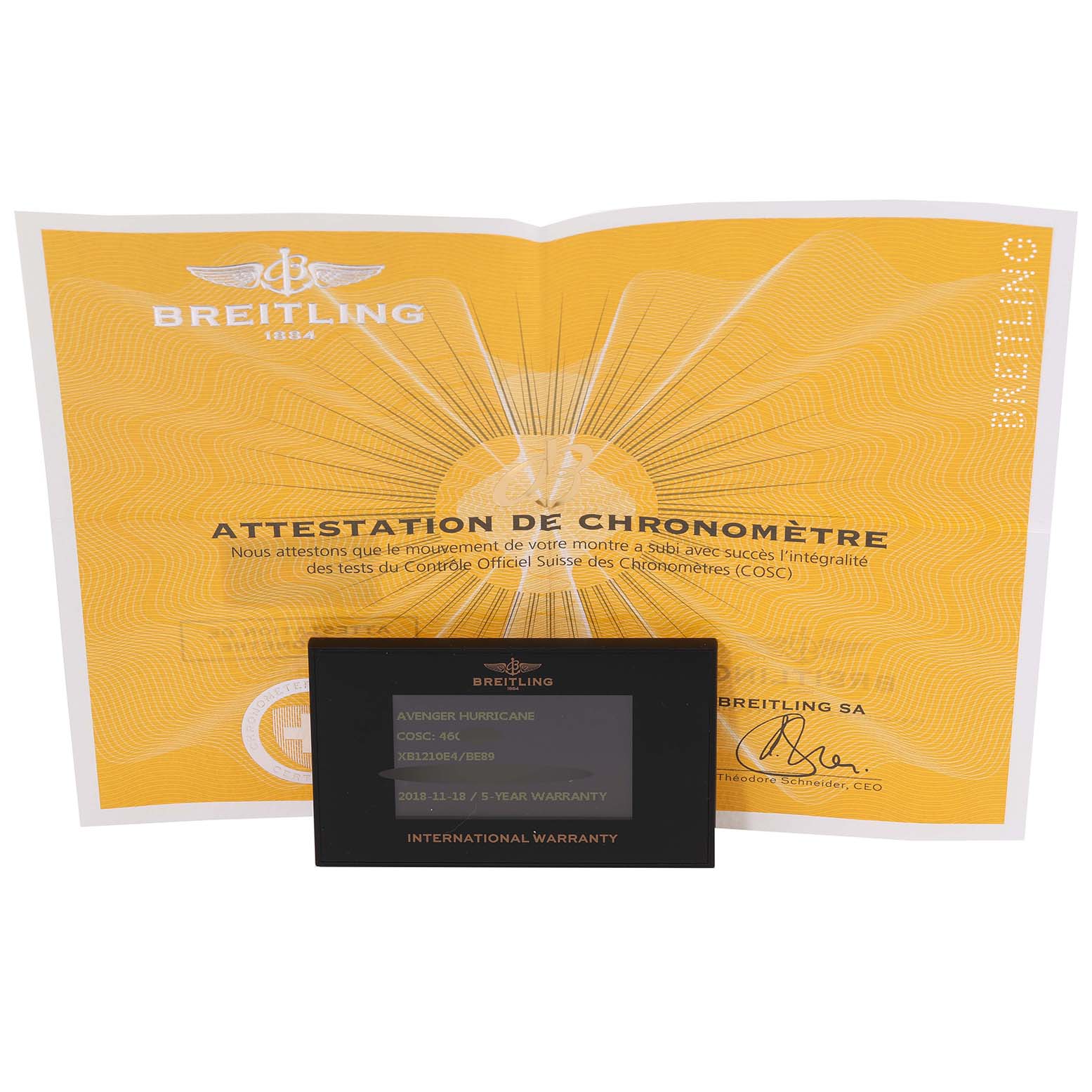 The image shows the warranty card and chronometer certification for a Breitling Avenger XB1210E4/BE89 Men's Titanium Black Dial XB1210E4/BE89 Men's Titanium Black Dial model watch.