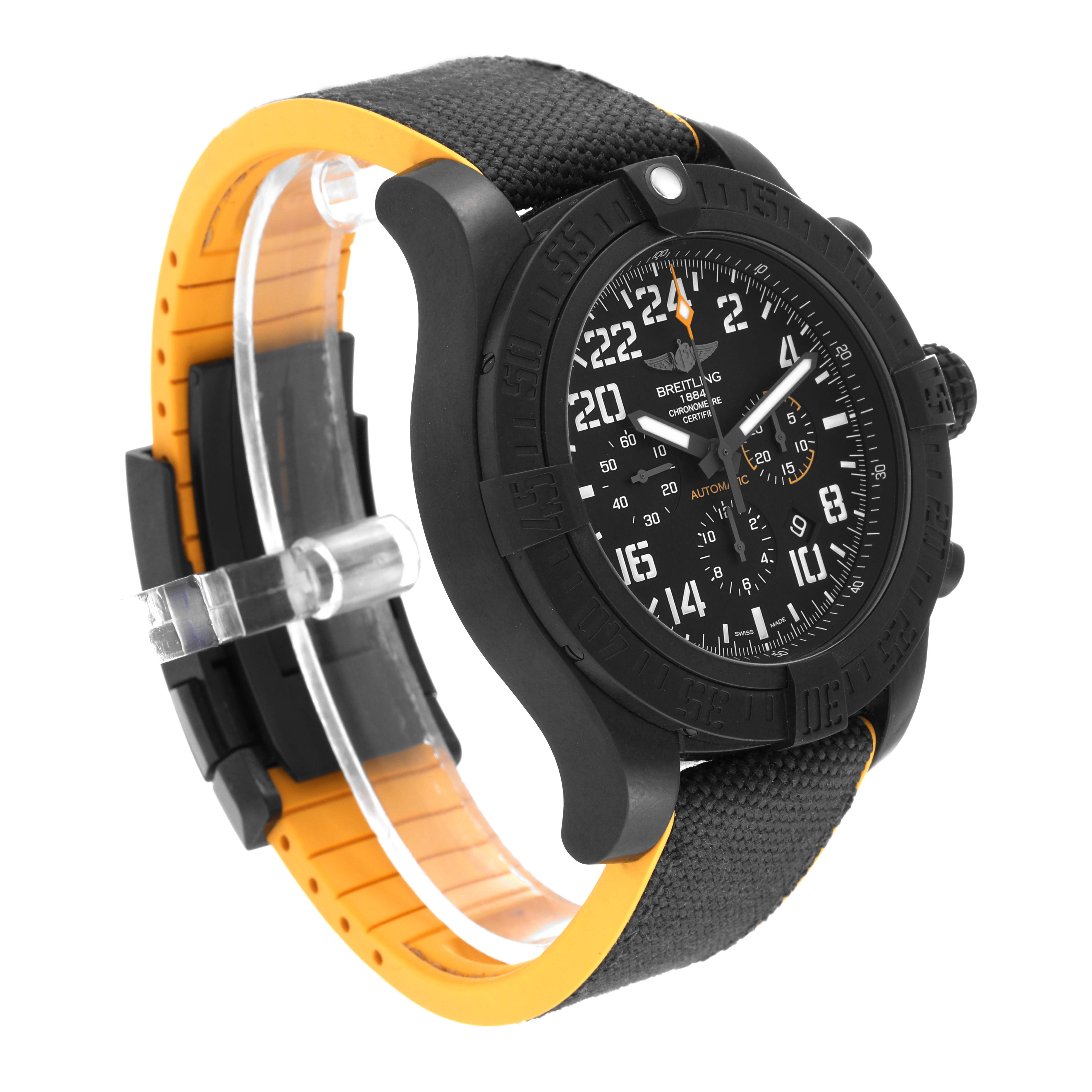 The image shows a Breitling Avenger XB1210E4/BE89 Men's Titanium Black Dial XB1210E4/BE89 Men's Titanium Black Dial watch at a three-quarter angle, revealing the face, strap, and side buttons.