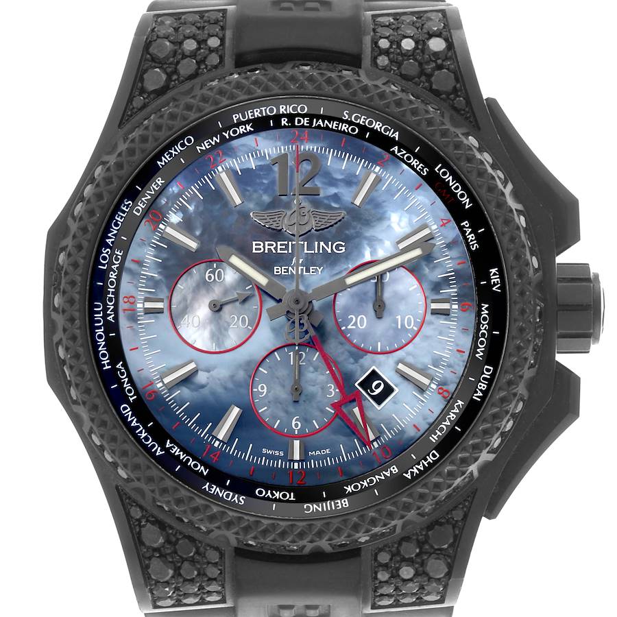 The Breitling Bentley watch is shown from the front, detailing the face, bezel, and part of the strap.