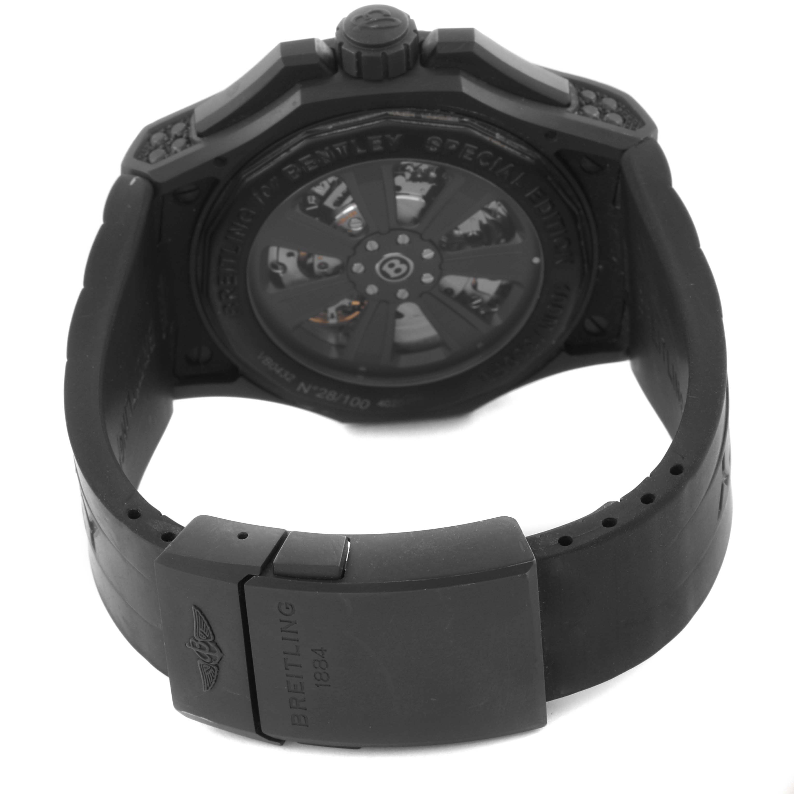 The image shows the back view of a Breitling Bentley VB0432AU/BE25-222S Men's Titanium Mother of Pearl Dial VB0432AU/BE25-222S Men's Titanium Mother of Pearl Dial watch, highlighting the case back and black clasp with branding.