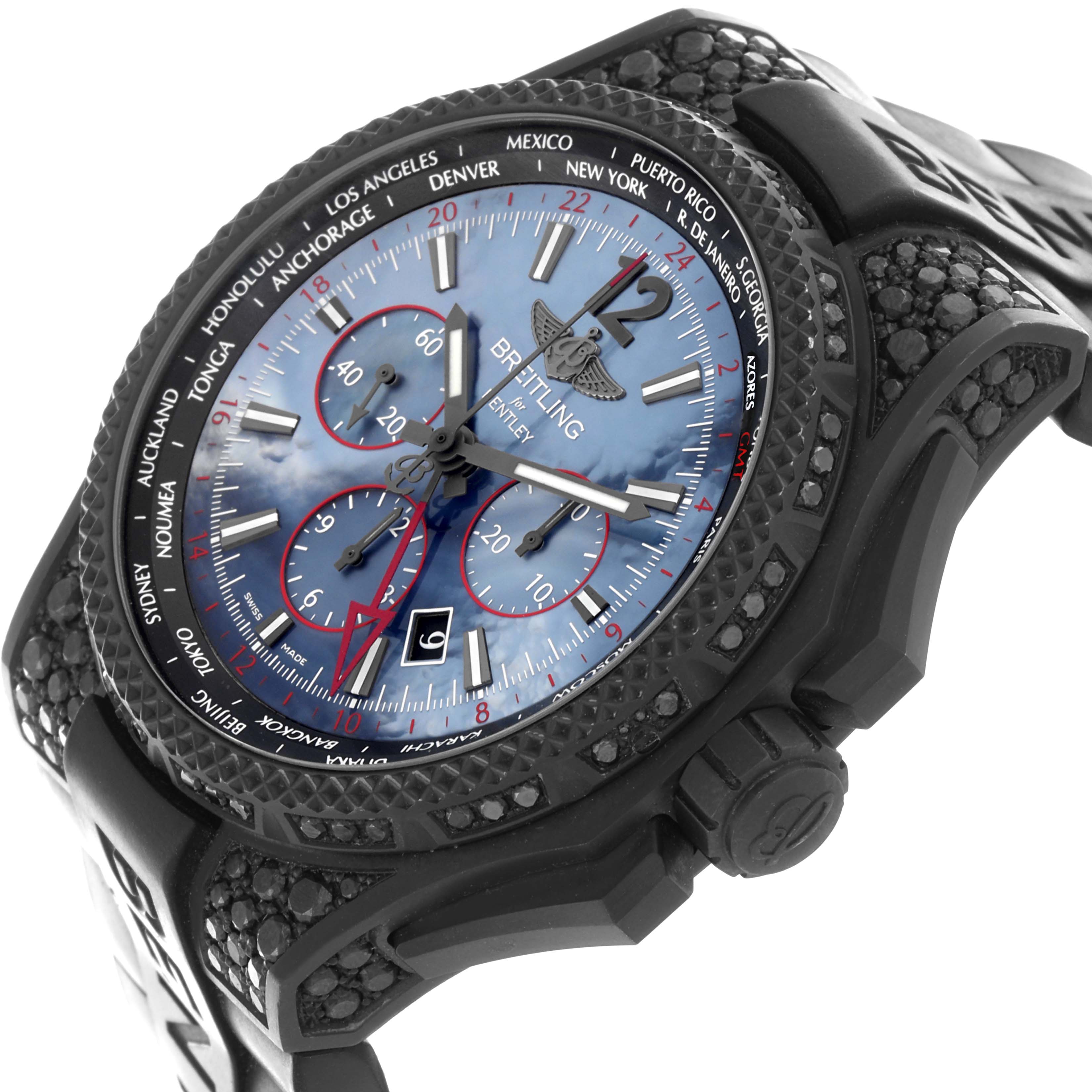 The Breitling Bentley VB0432AU/BE25-222S Men's Titanium Mother of Pearl Dial VB0432AU/BE25-222S Men's Titanium Mother of Pearl Dial watch is shown from a side angle, highlighting the dial, bezel, and crown.