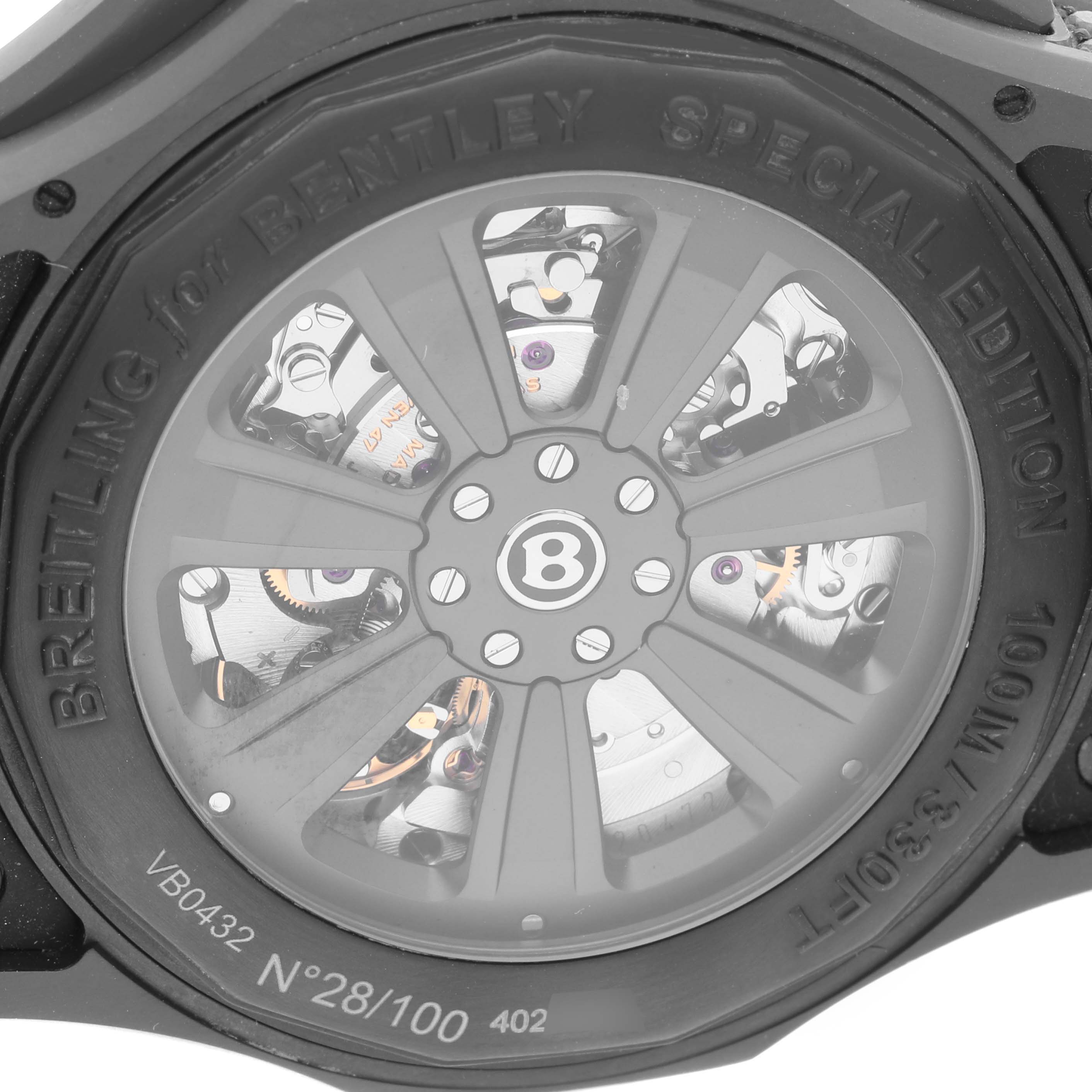 The image shows the back of a Breitling for Bentley watch, highlighting the intricate mechanism.