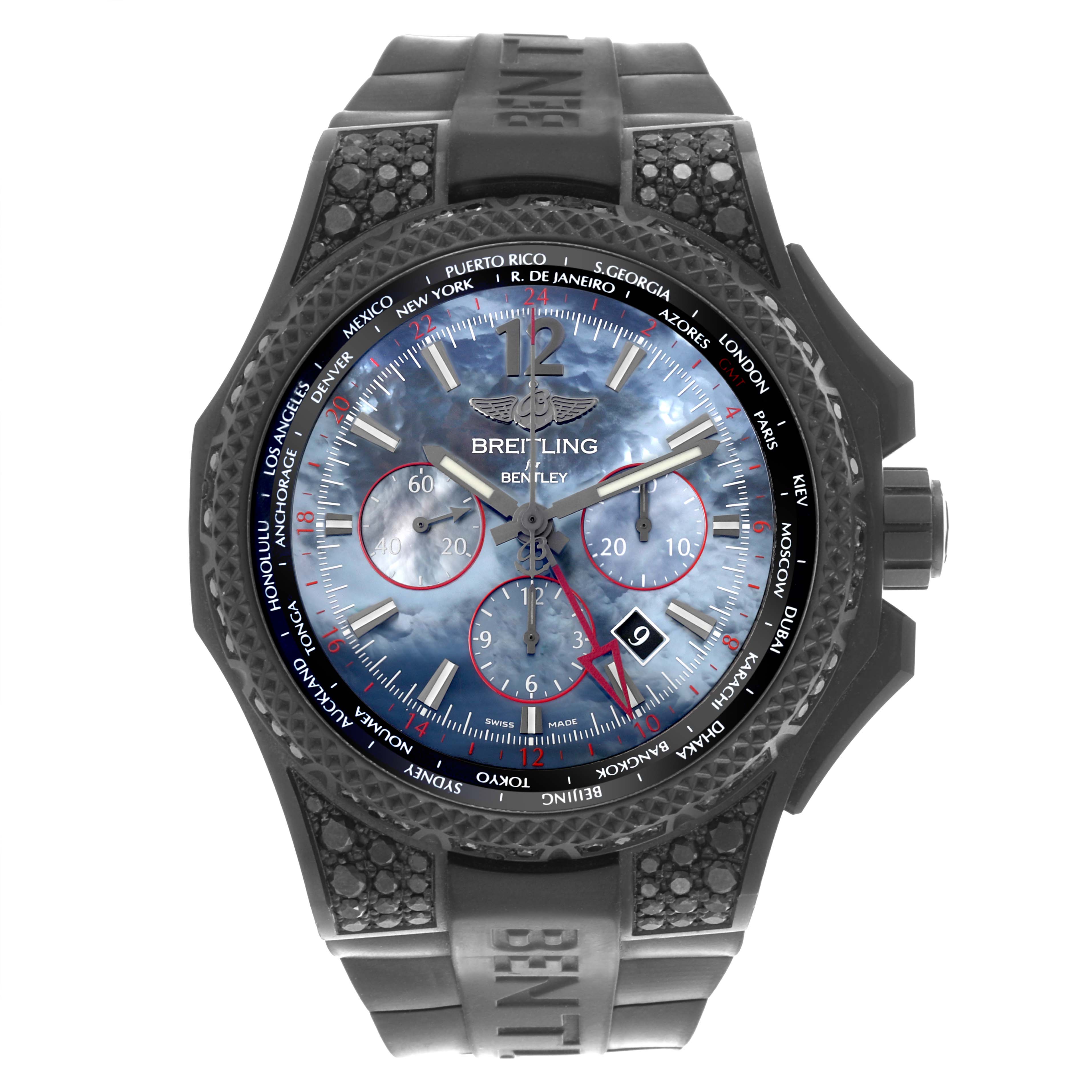 The Breitling Bentley VB0432AU/BE25-222S Men's Titanium Mother of Pearl Dial VB0432AU/BE25-222S Men's Titanium Mother of Pearl Dial watch is shown from a front angle, displaying its face, bezel, and strap details.