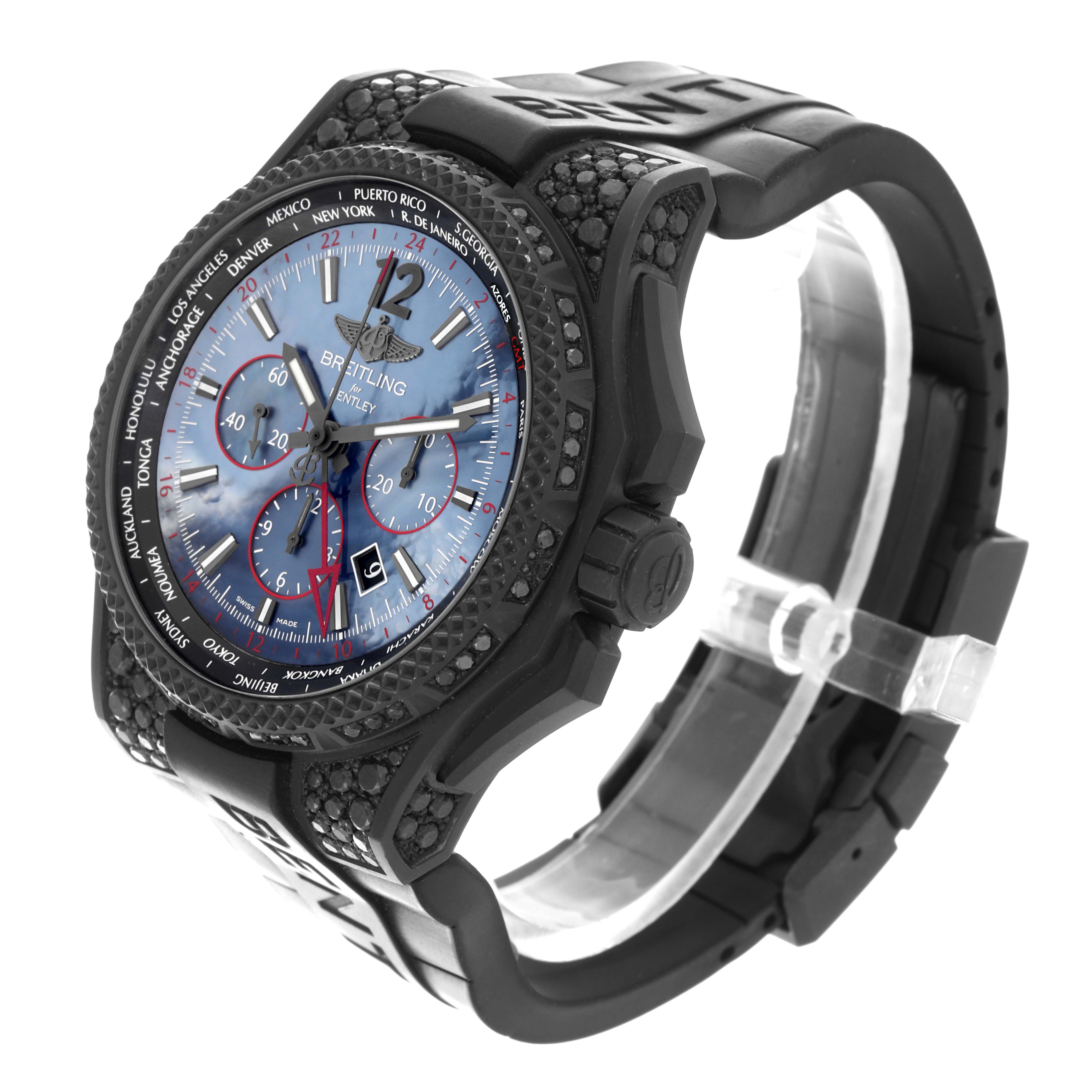 The Breitling Bentley VB0432AU/BE25-222S Men's Titanium Mother of Pearl Dial VB0432AU/BE25-222S Men's Titanium Mother of Pearl Dial watch is shown at an angled side view, highlighting the dial, bezel, and rubber strap.