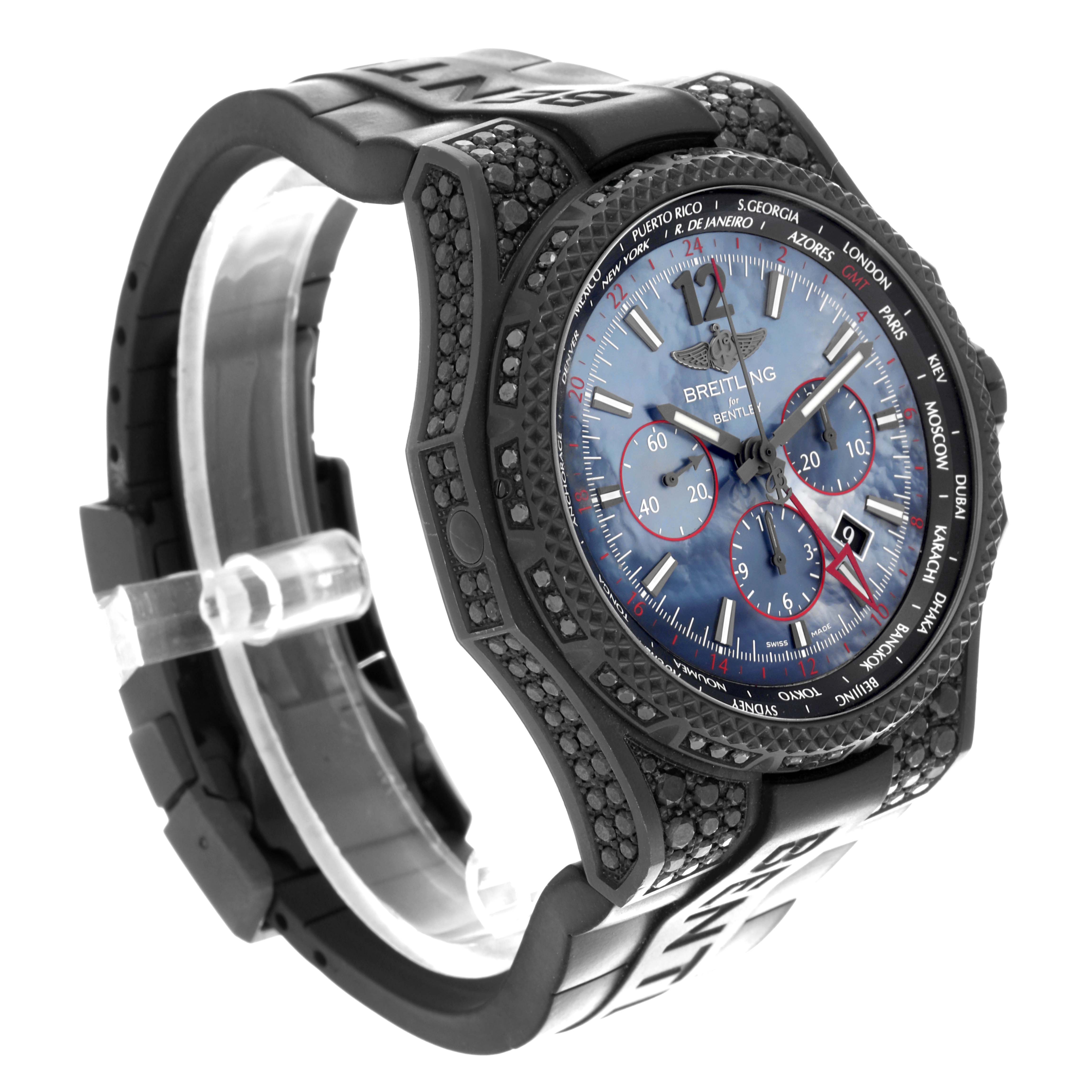 The Breitling Bentley VB0432AU/BE25-222S Men's Titanium Mother of Pearl Dial VB0432AU/BE25-222S Men's Titanium Mother of Pearl Dial watch is shown at a three-quarter angle, highlighting its face, bezel, and strap.