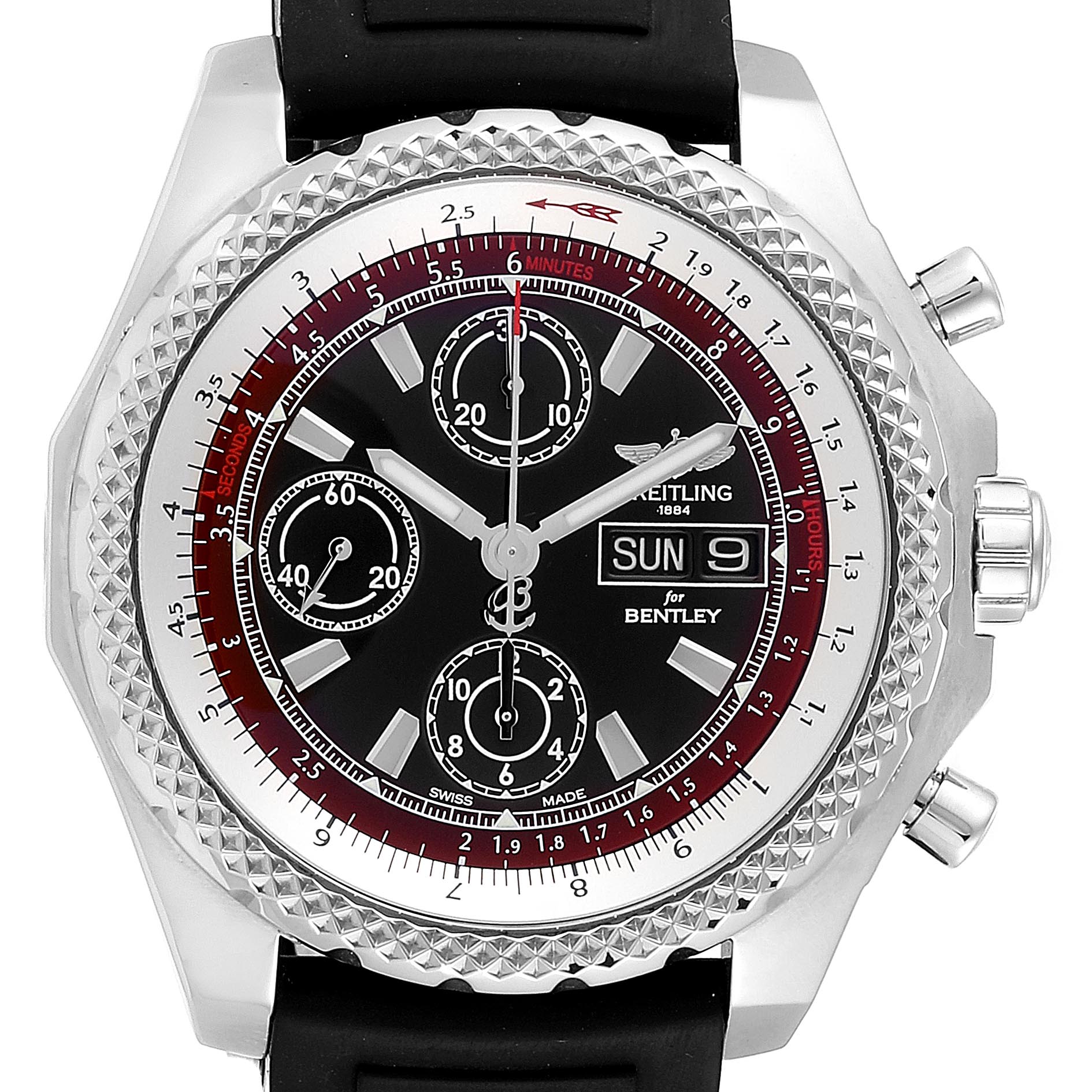 The image shows a face-on view of a Breitling Bentley A13365 Men's Stainless Steel Black Dial A13365 Men's Stainless Steel Black Dial watch, highlighting its dial, subdials, bezel, and pushers.