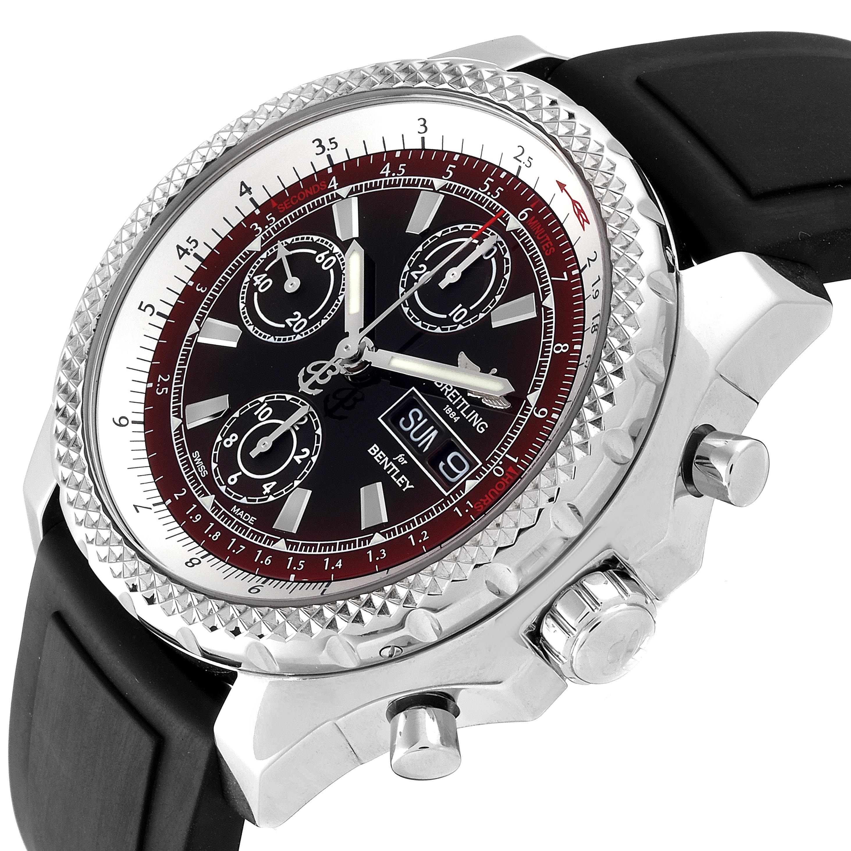 The image shows a Breitling Bentley A13365 Men's Stainless Steel Black Dial A13365 Men's Stainless Steel Black Dial model watch at a three-quarter angle, highlighting the bezel, dial, pushers, and strap.