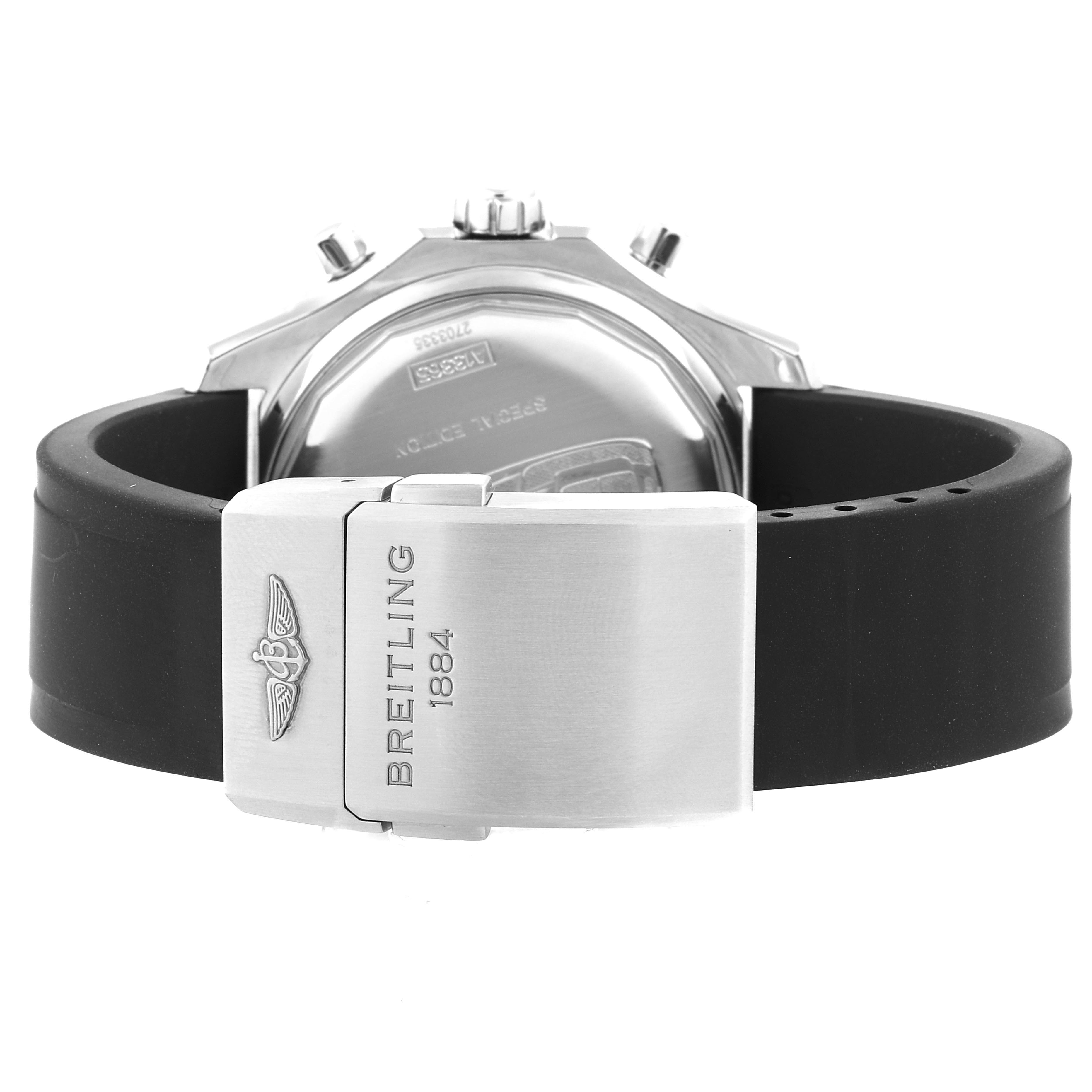 The image shows the back and clasp of a Breitling Bentley A13365 Men's Stainless Steel Black Dial A13365 Men's Stainless Steel Black Dial watch with a black strap.