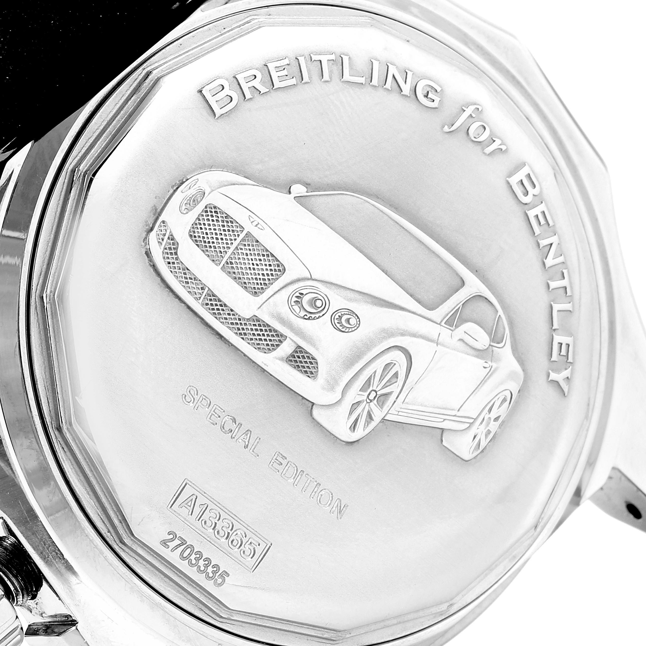 This image shows the engraved case back of a Breitling Bentley A13365 Men's Stainless Steel Black Dial A13365 Men's Stainless Steel Black Dial watch, featuring the car and branding details.