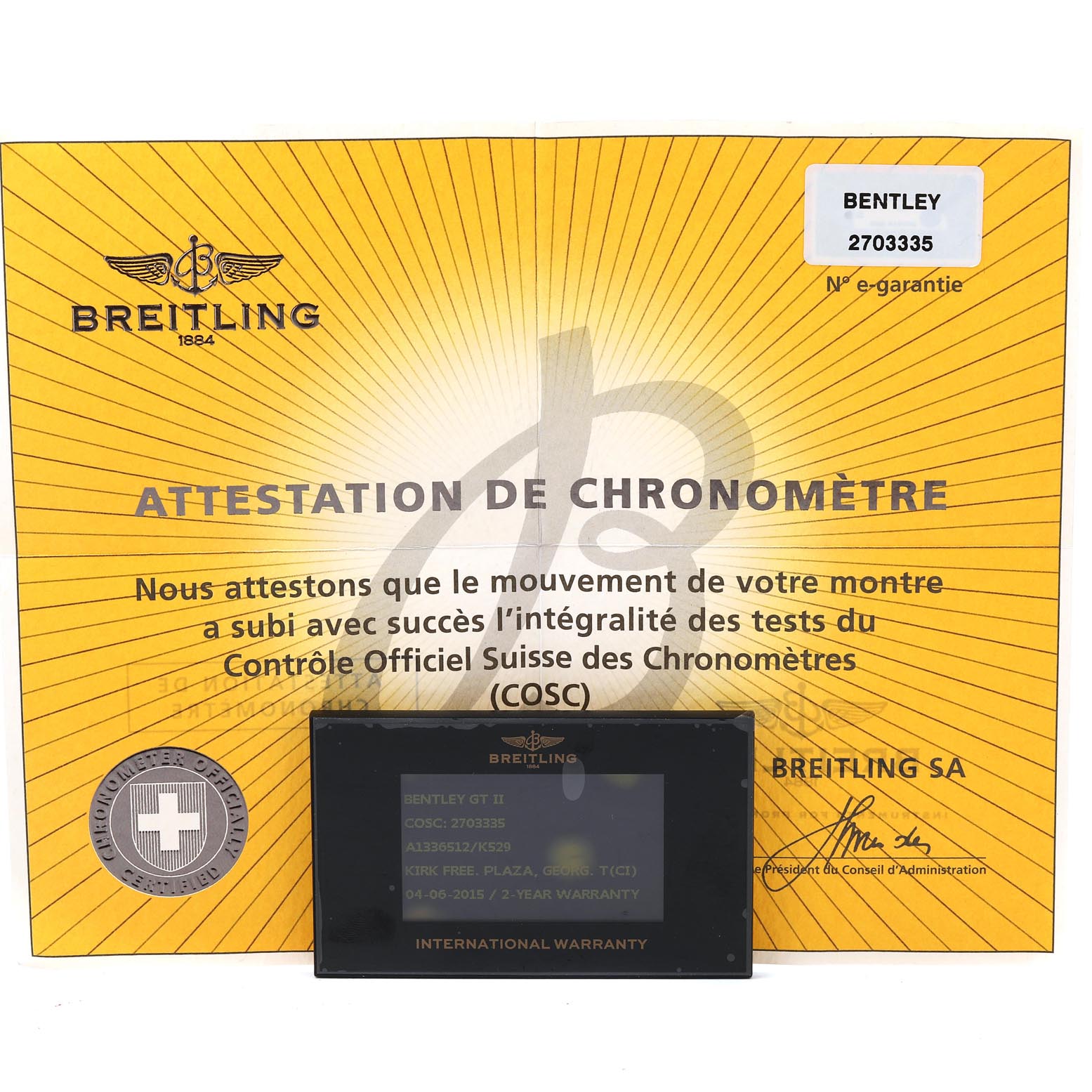 The image shows the certificate of authenticity and the international warranty card for the Breitling Bentley A13365 Men's Stainless Steel Black Dial A13365 Men's Stainless Steel Black Dial model.