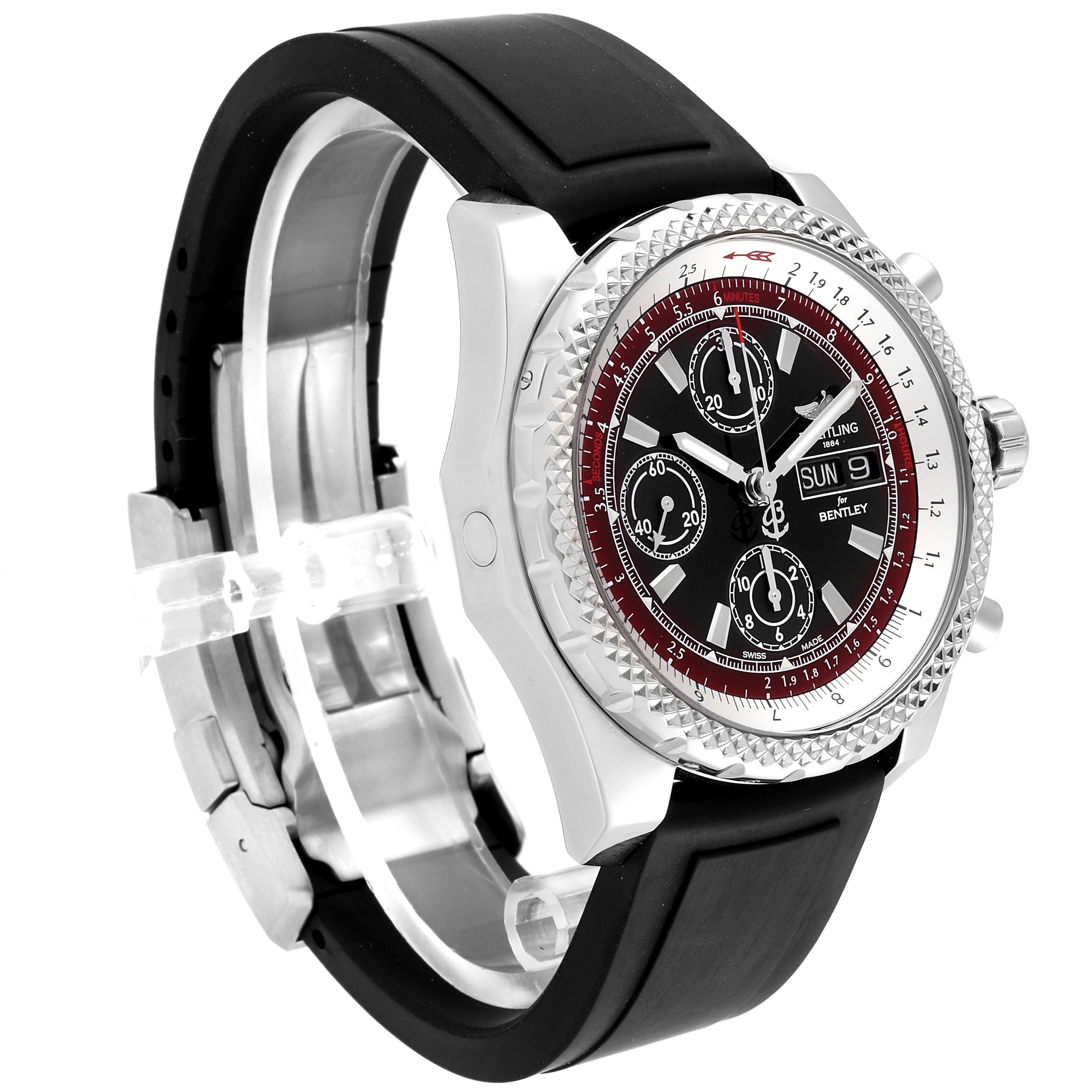 The Breitling Bentley A13365 Men's Stainless Steel Black Dial A13365 Men's Stainless Steel Black Dial watch is shown from an angled side view, highlighting its dial, case, bezel, and rubber strap.