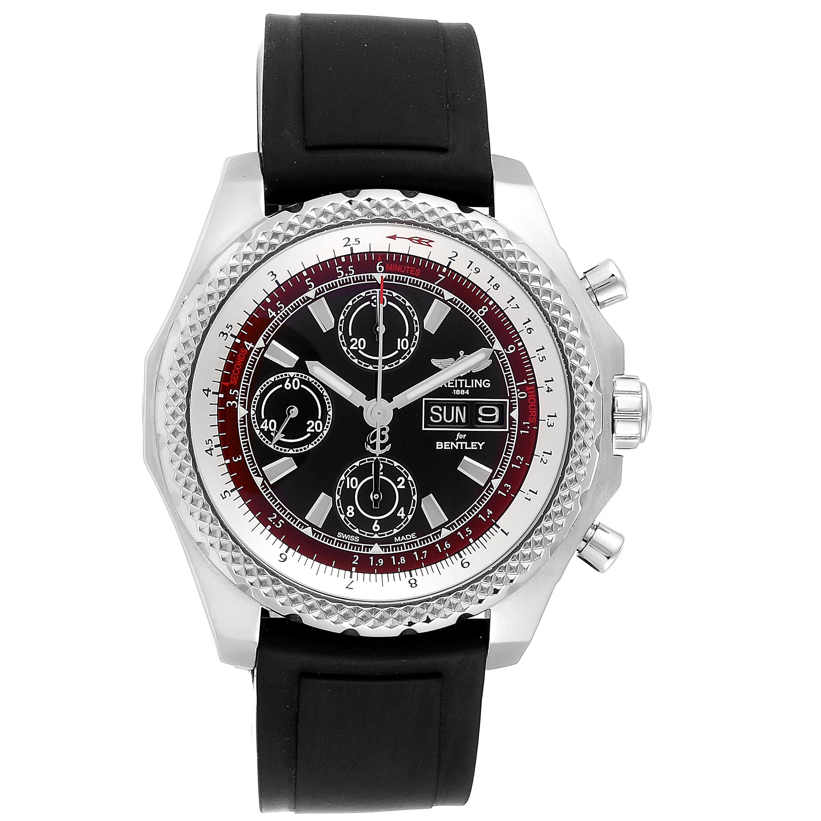 The image displays a front view of the Breitling Bentley A13365 Men's Stainless Steel Black Dial A13365 Men's Stainless Steel Black Dial model watch, showcasing the dial, bezel, and strap.