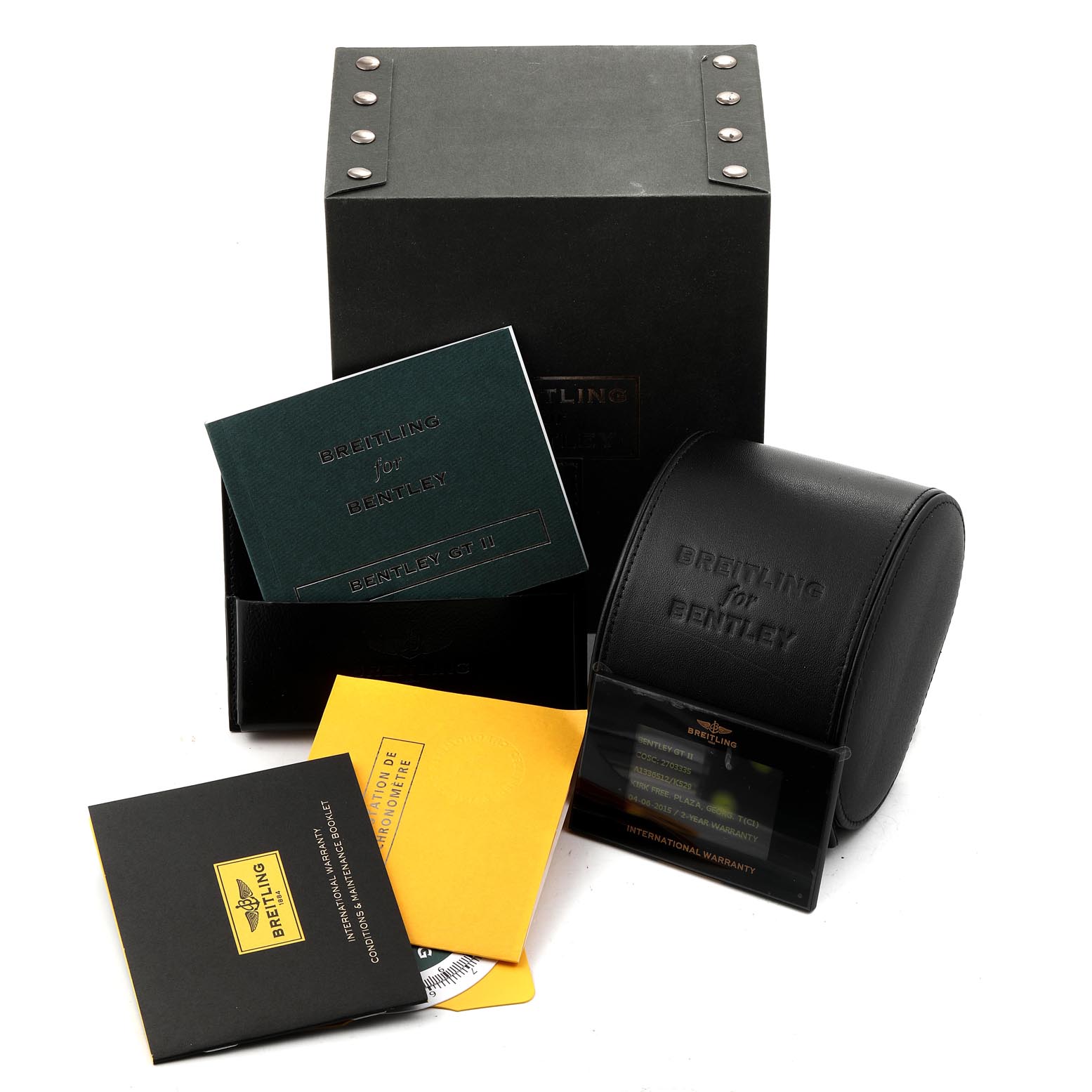 The image shows the box, manual, warranty card, and leather case for the Breitling Bentley A13365 Men's Stainless Steel Black Dial A13365 Men's Stainless Steel Black Dial watch model.