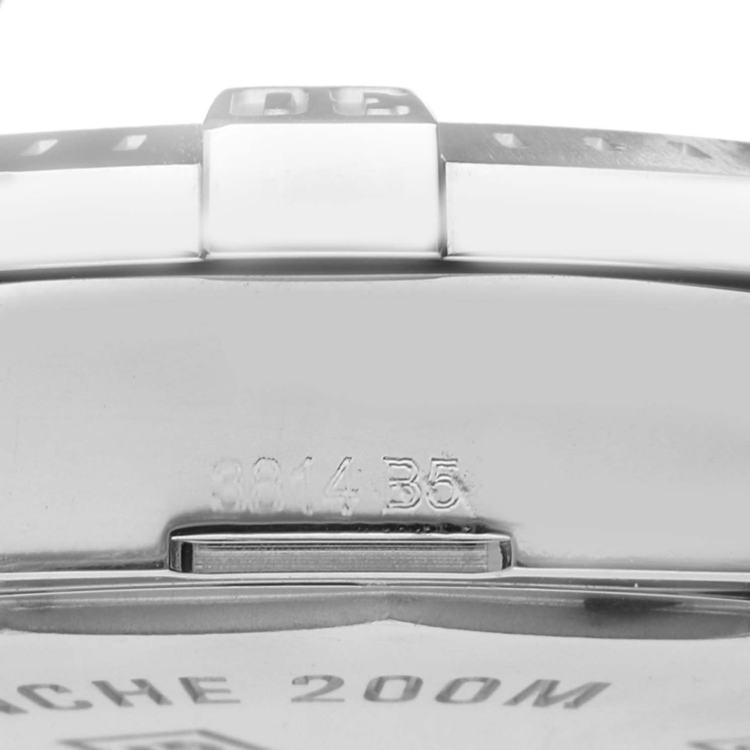 This image shows a close-up of the side view and engraving details on the Breitling Colt A74388 Men's Stainless Steel Blue Dial A74388 Men's Stainless Steel Blue Dial watch.
