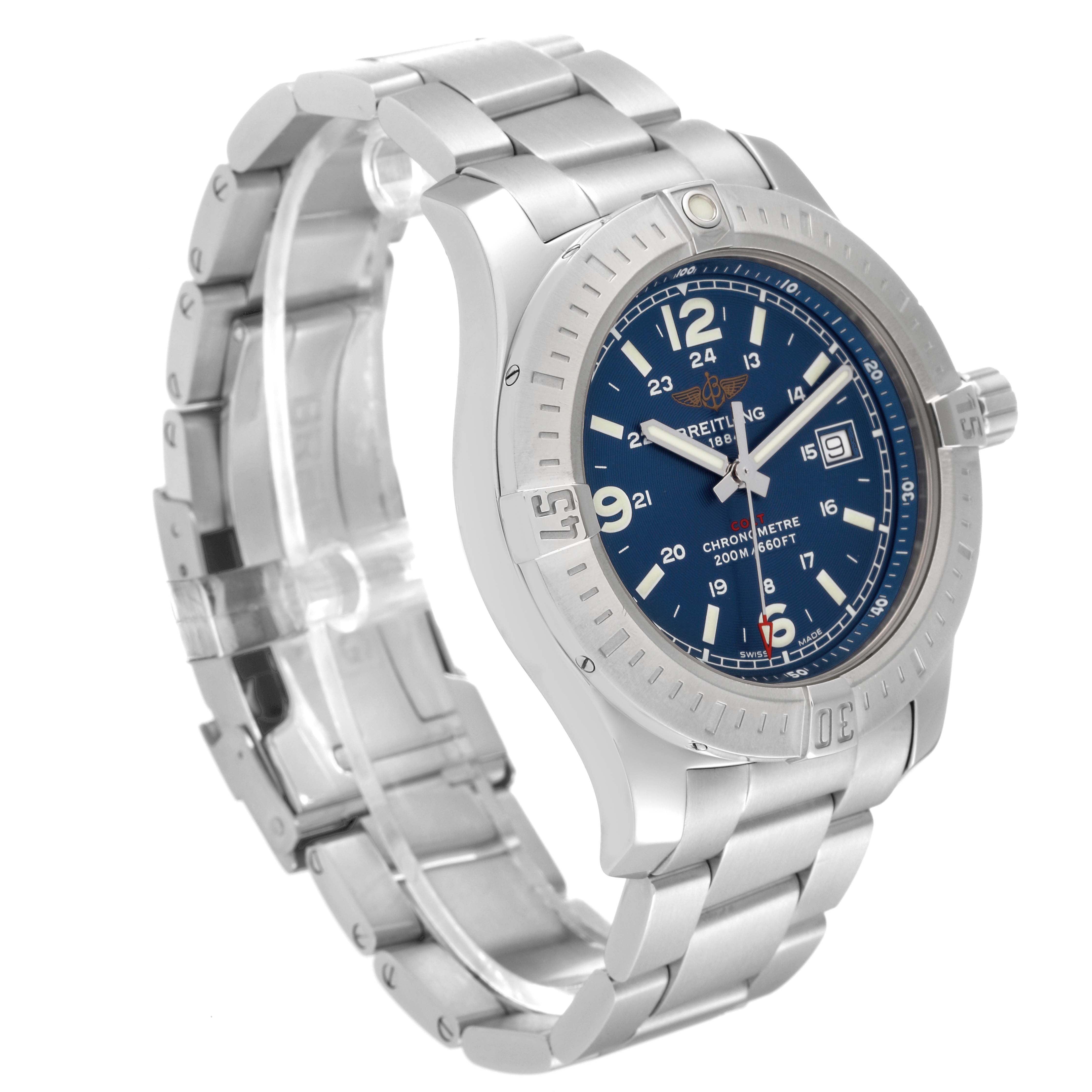 The Breitling Colt A74388 Men's Stainless Steel Blue Dial A74388 Men's Stainless Steel Blue Dial watch is shown at a front-left angle, displaying the dial, bezel, crown, and bracelet.