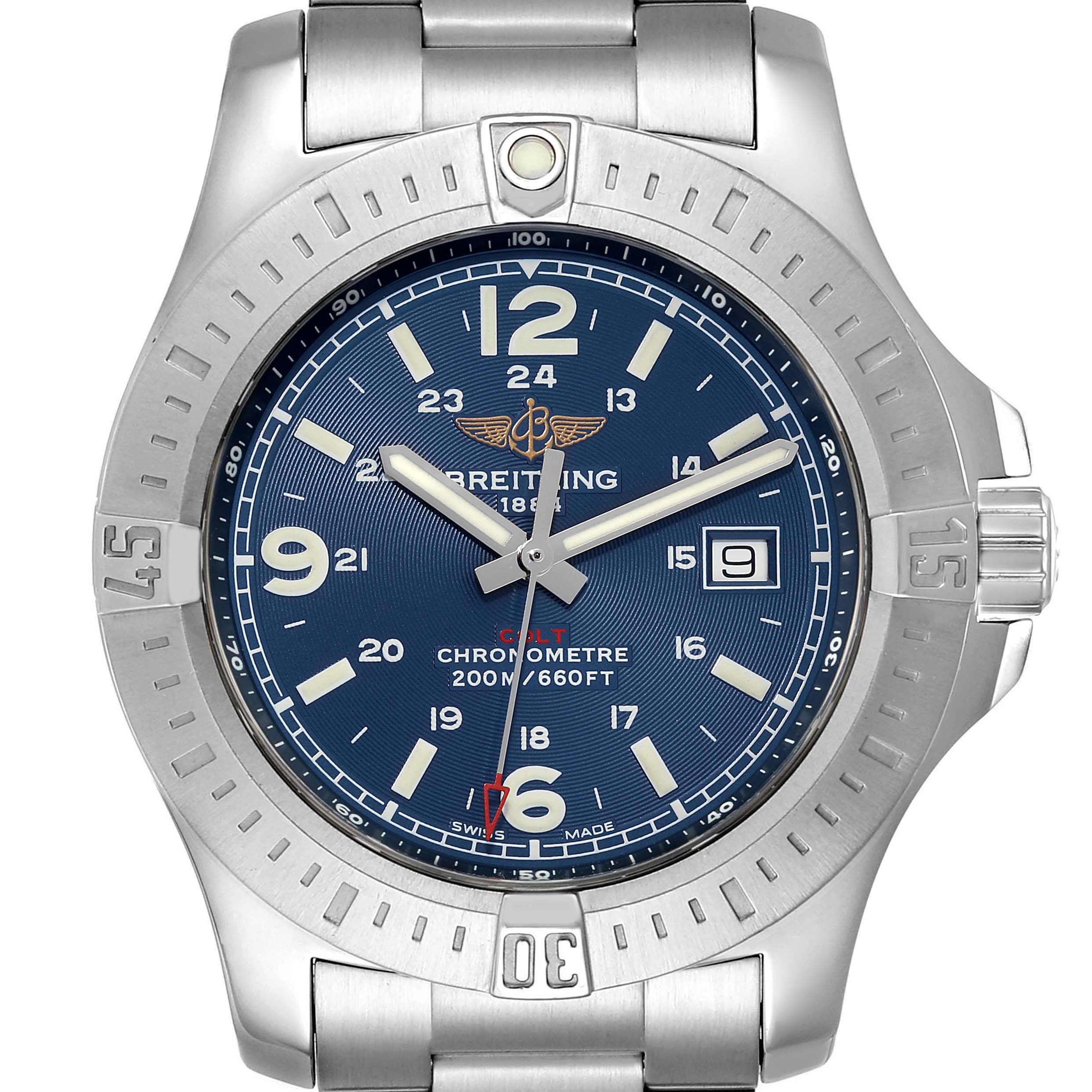 The image shows a front view of the blue dial and stainless steel bezel of the Breitling Colt A74388 Men's Stainless Steel Blue Dial A74388 Men's Stainless Steel Blue Dial watch.