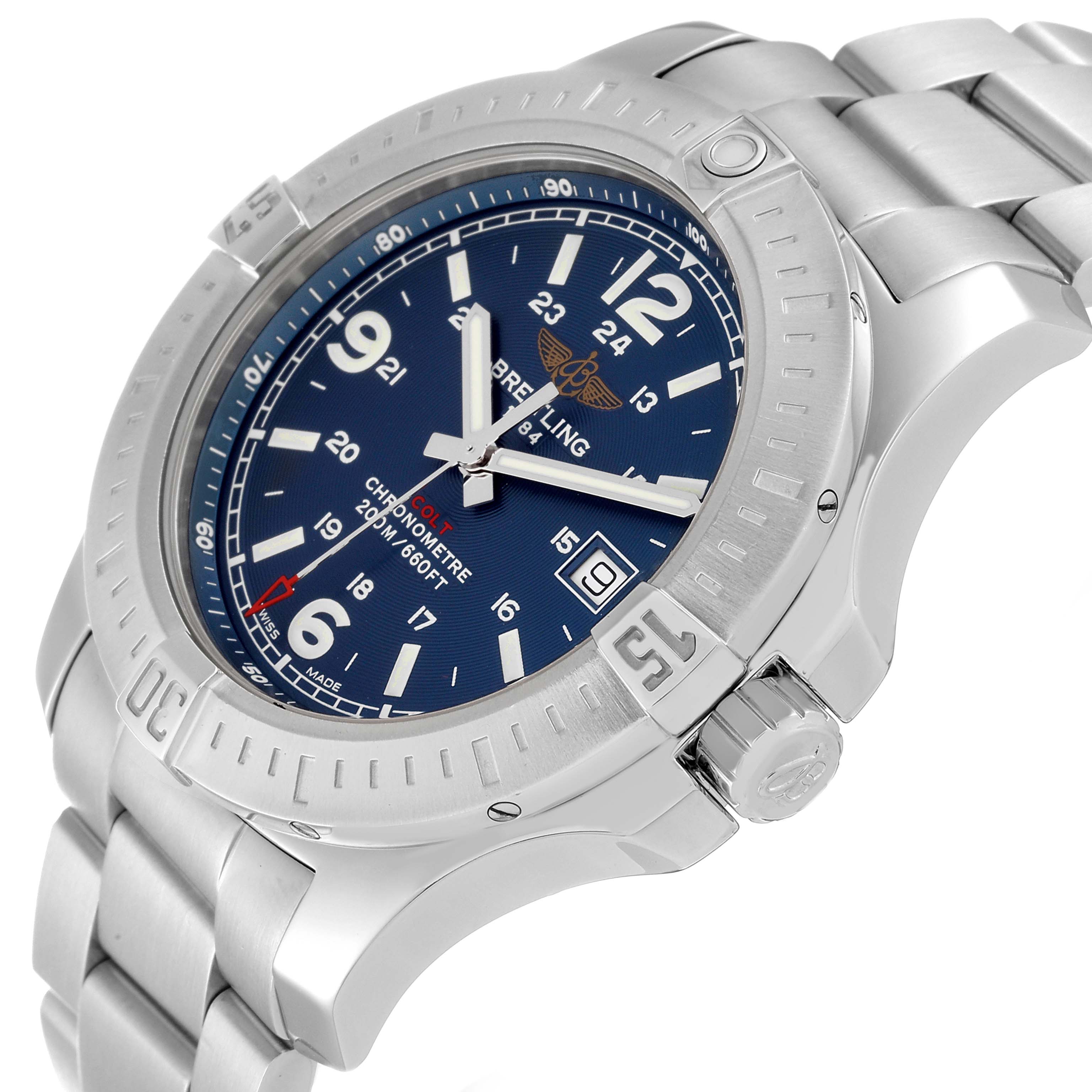 The image shows a Breitling Colt A74388 Men's Stainless Steel Blue Dial A74388 Men's Stainless Steel Blue Dial watch at an angled close-up, highlighting its blue dial, stainless steel bezel, and bracelet.