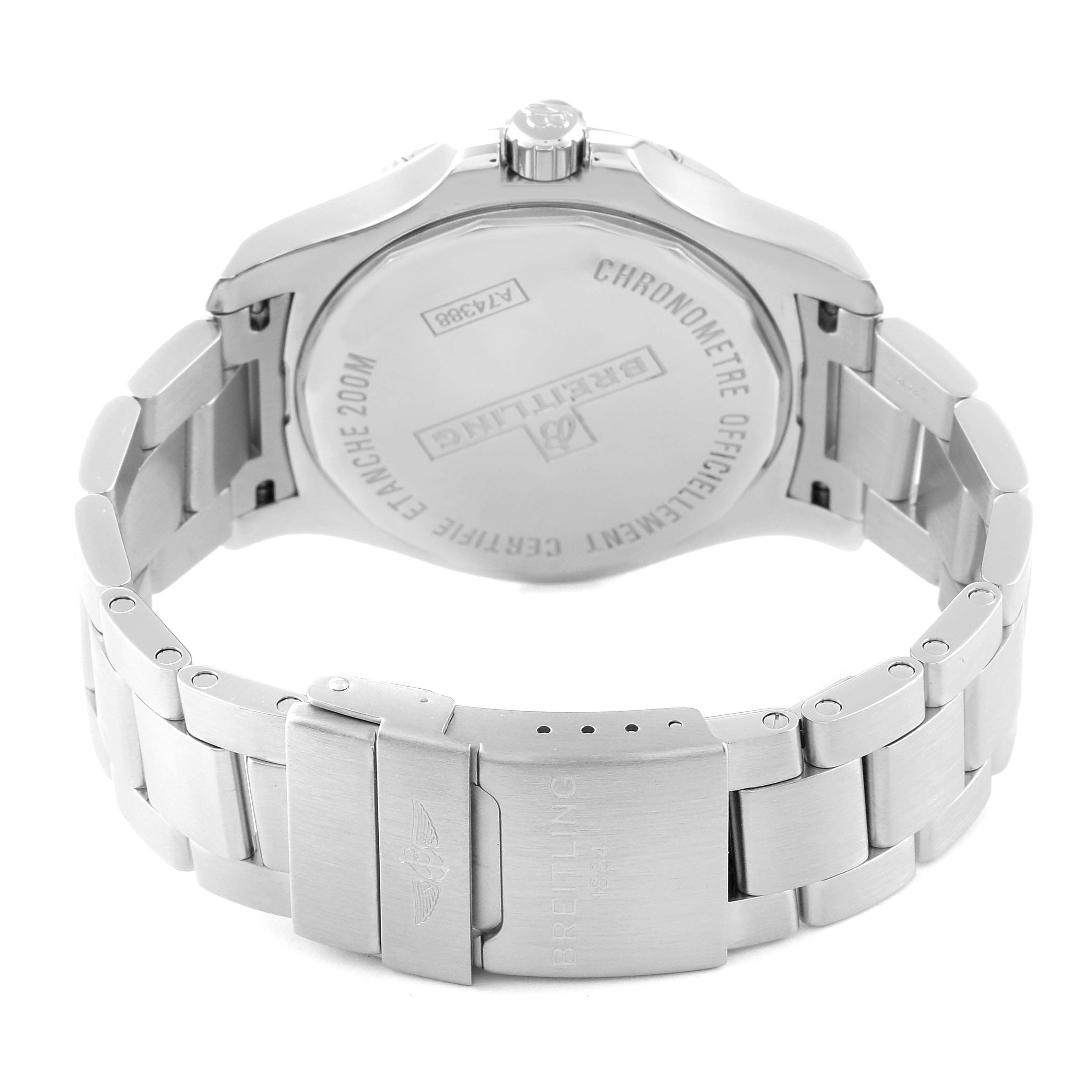 The image shows a rear angle of the Breitling Colt A74388 Men's Stainless Steel Blue Dial A74388 Men's Stainless Steel Blue Dial watch, highlighting the case back and part of the bracelet.