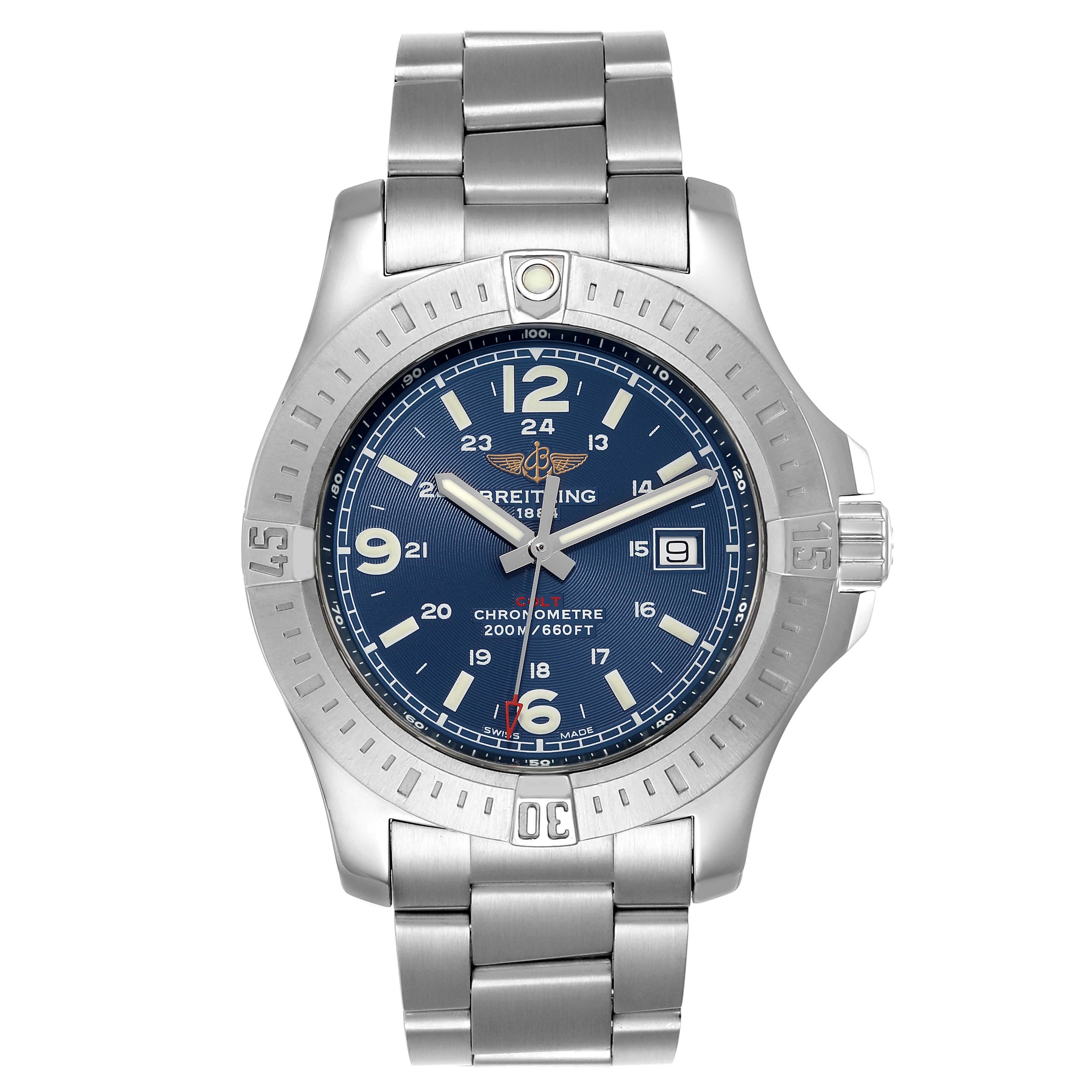 The image shows a front view of the Breitling Colt A74388 Men's Stainless Steel Blue Dial A74388 Men's Stainless Steel Blue Dial watch, displaying its blue dial, bezel, and stainless steel bracelet.