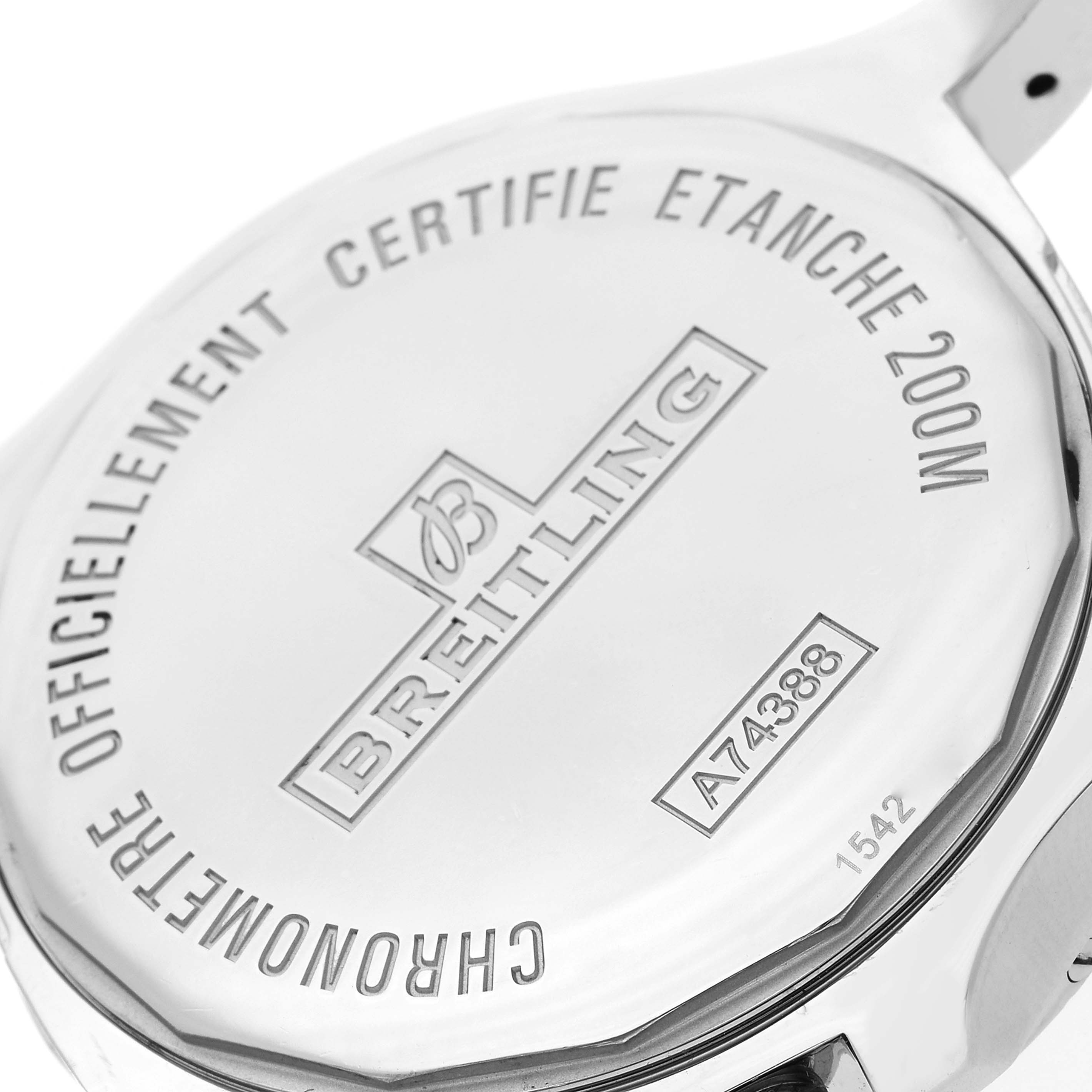 The image shows the back case of a Breitling Colt A74388 Men's Stainless Steel Blue Dial A74388 Men's Stainless Steel Blue Dial watch, highlighting its water resistance and certification details.