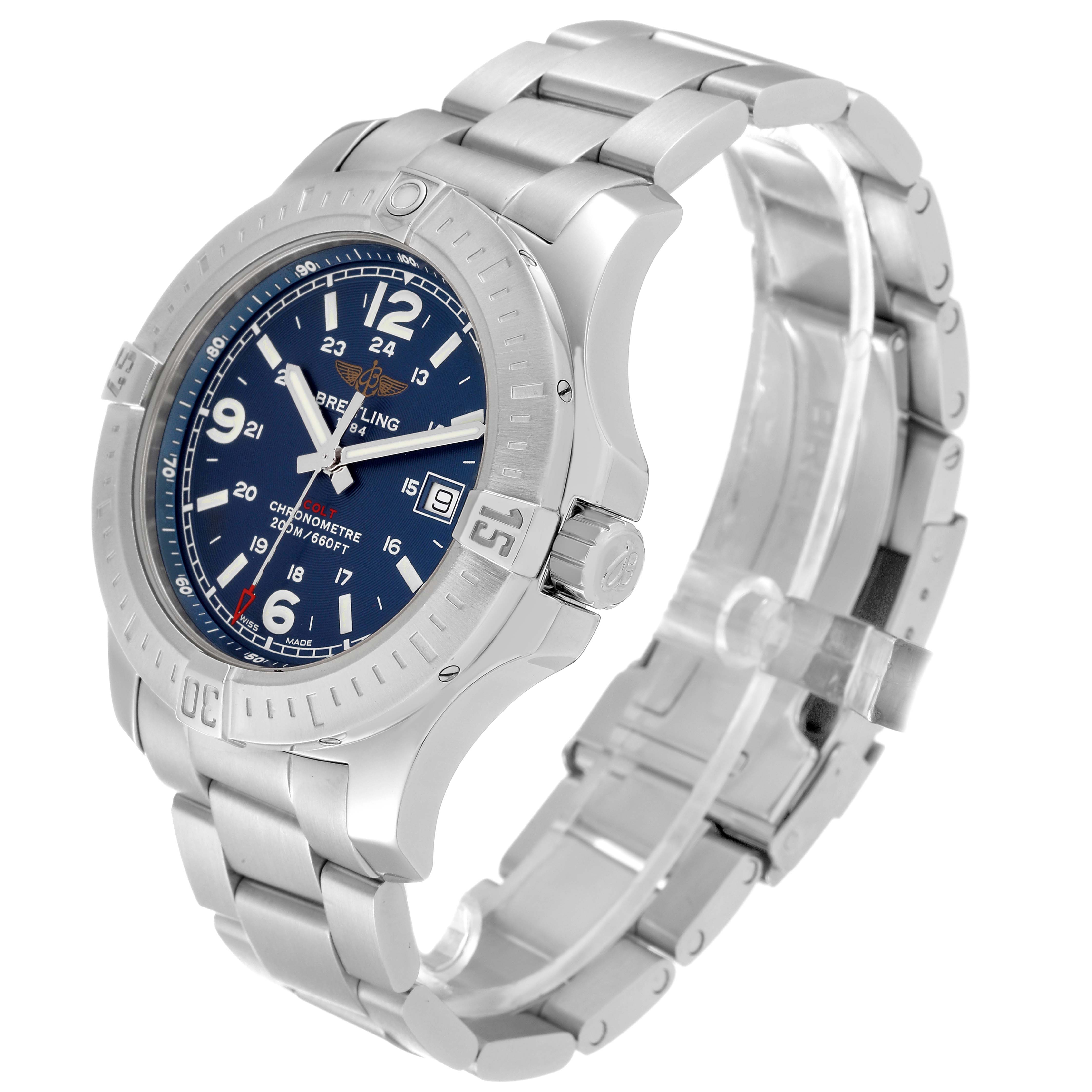 This image shows a Breitling Colt A74388 Men's Stainless Steel Blue Dial A74388 Men's Stainless Steel Blue Dial watch at an angle that highlights its face, bezel, and stainless steel bracelet.