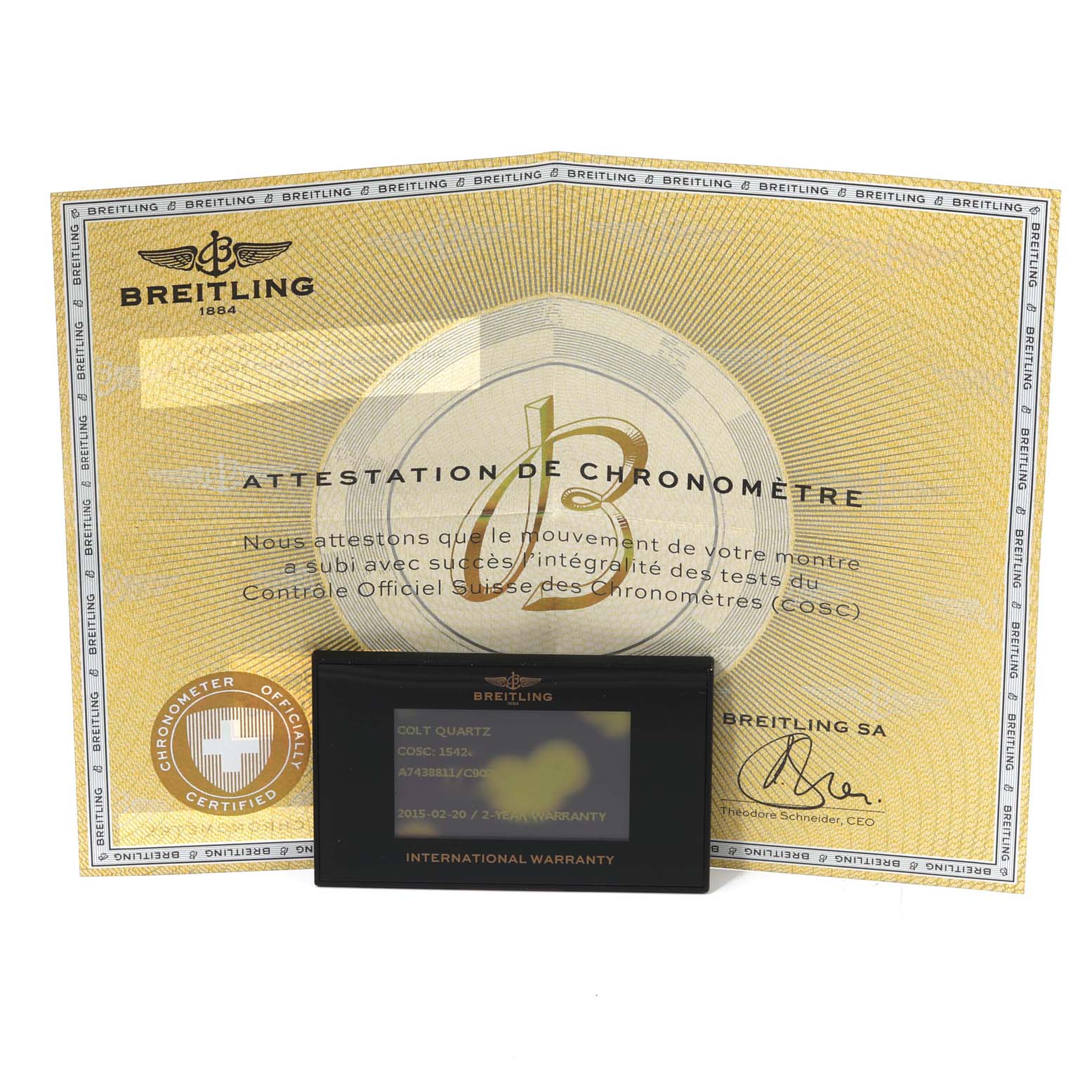 The image shows the warranty card and chronometer certification for a Breitling Colt A74388 Men's Stainless Steel Blue Dial A74388 Men's Stainless Steel Blue Dial watch.