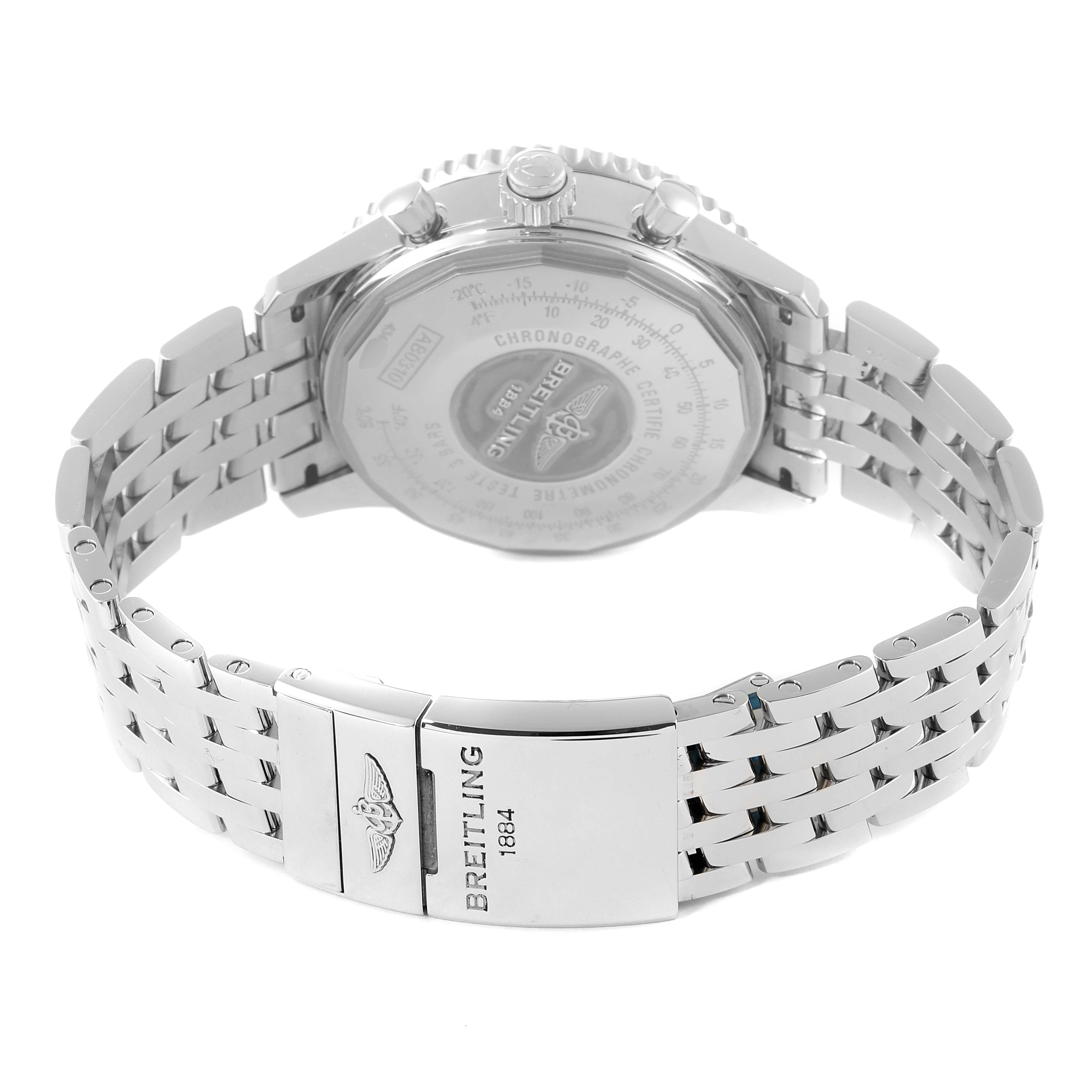 The image shows the back view of the Breitling Navitimer AB0310 Men's Stainless Steel Black Dial AB0310 Men's Stainless Steel Black Dial watch focusing on the stainless steel bracelet and clasp.