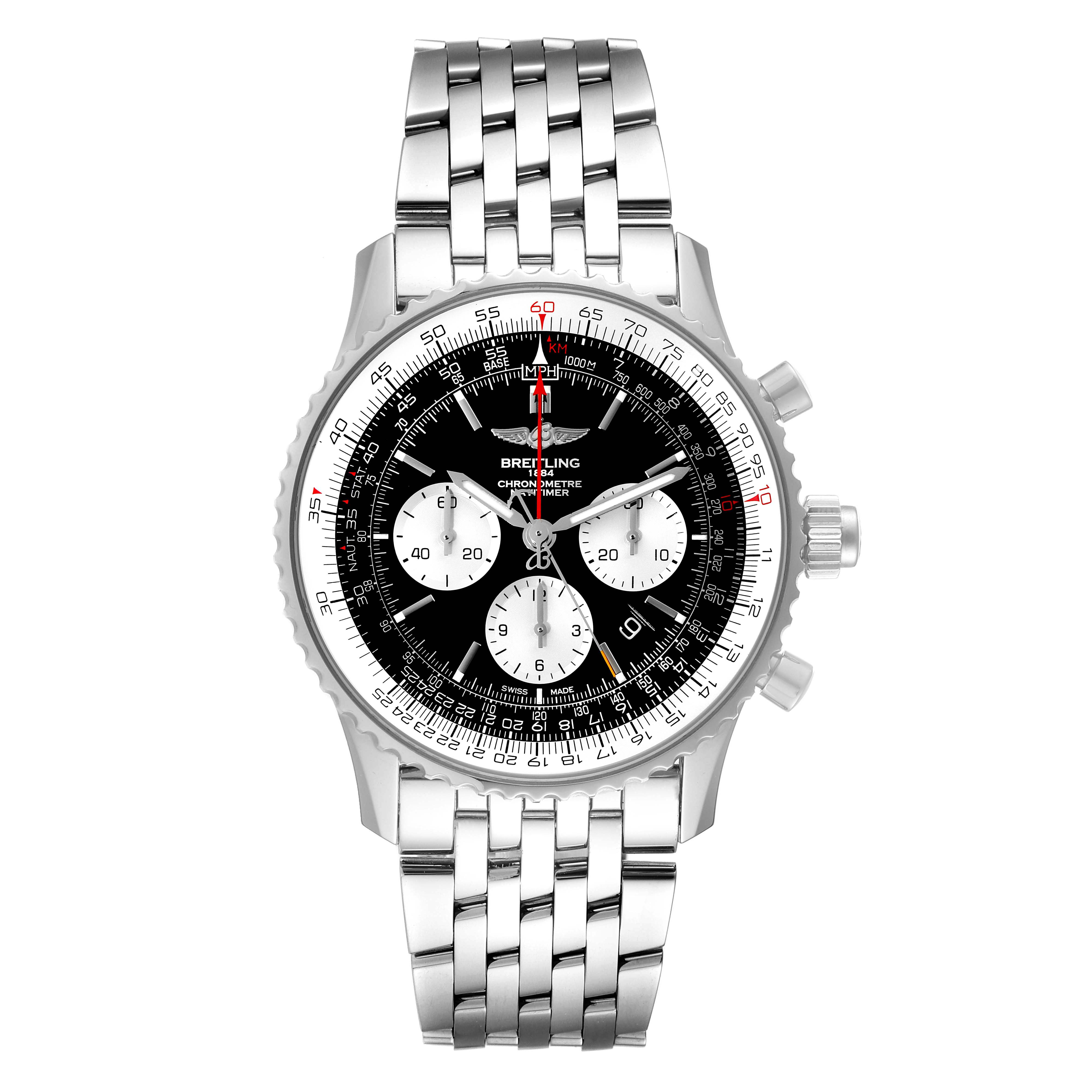 The image shows a front view of a Breitling Navitimer AB0310 Men's Stainless Steel Black Dial AB0310 Men's Stainless Steel Black Dial watch, featuring its dial, bezel, and stainless steel bracelet.