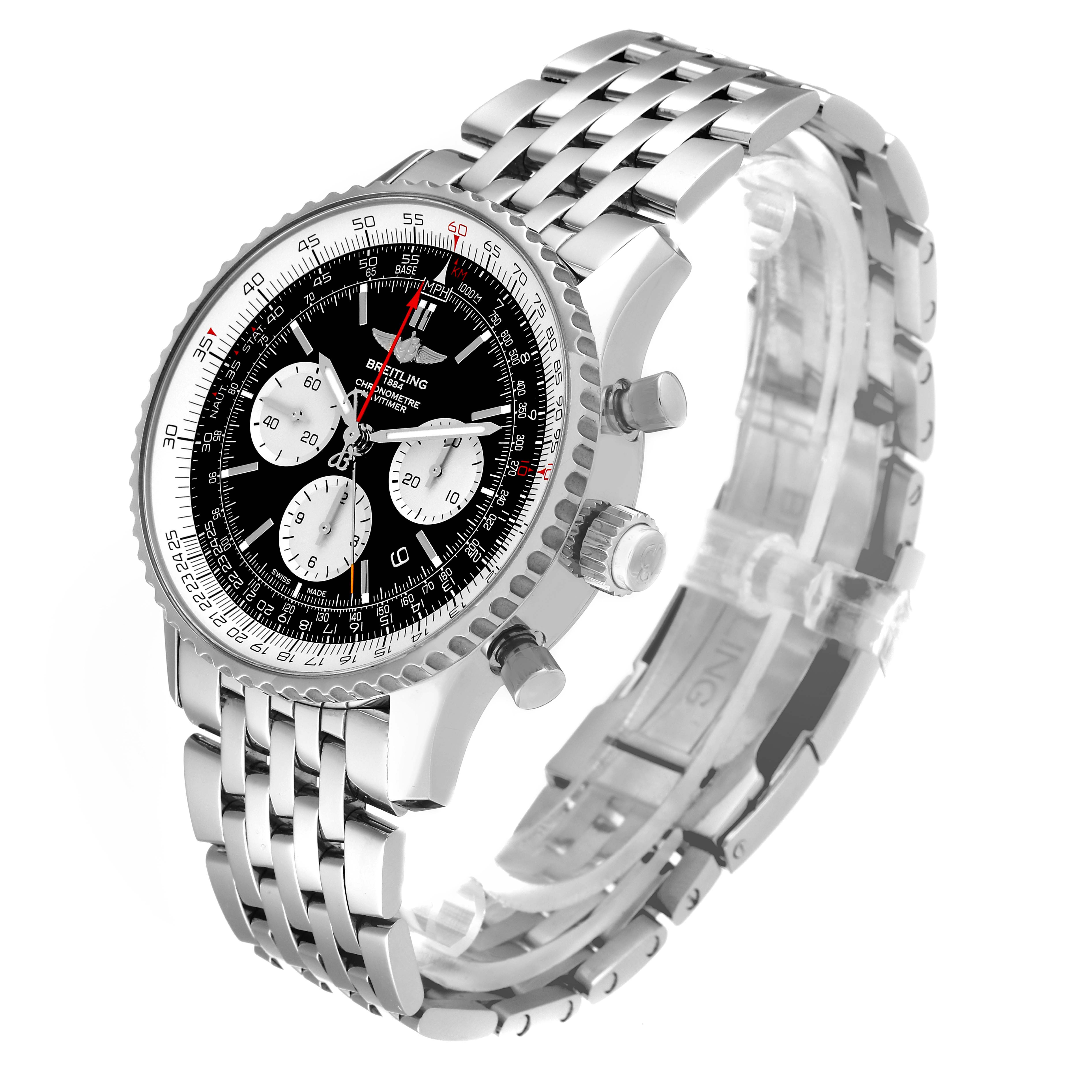 The image shows a Breitling Navitimer AB0310 Men's Stainless Steel Black Dial AB0310 Men's Stainless Steel Black Dial watch at a three-quarter angle, highlighting the face, bezel, crown, pushers, and bracelet.