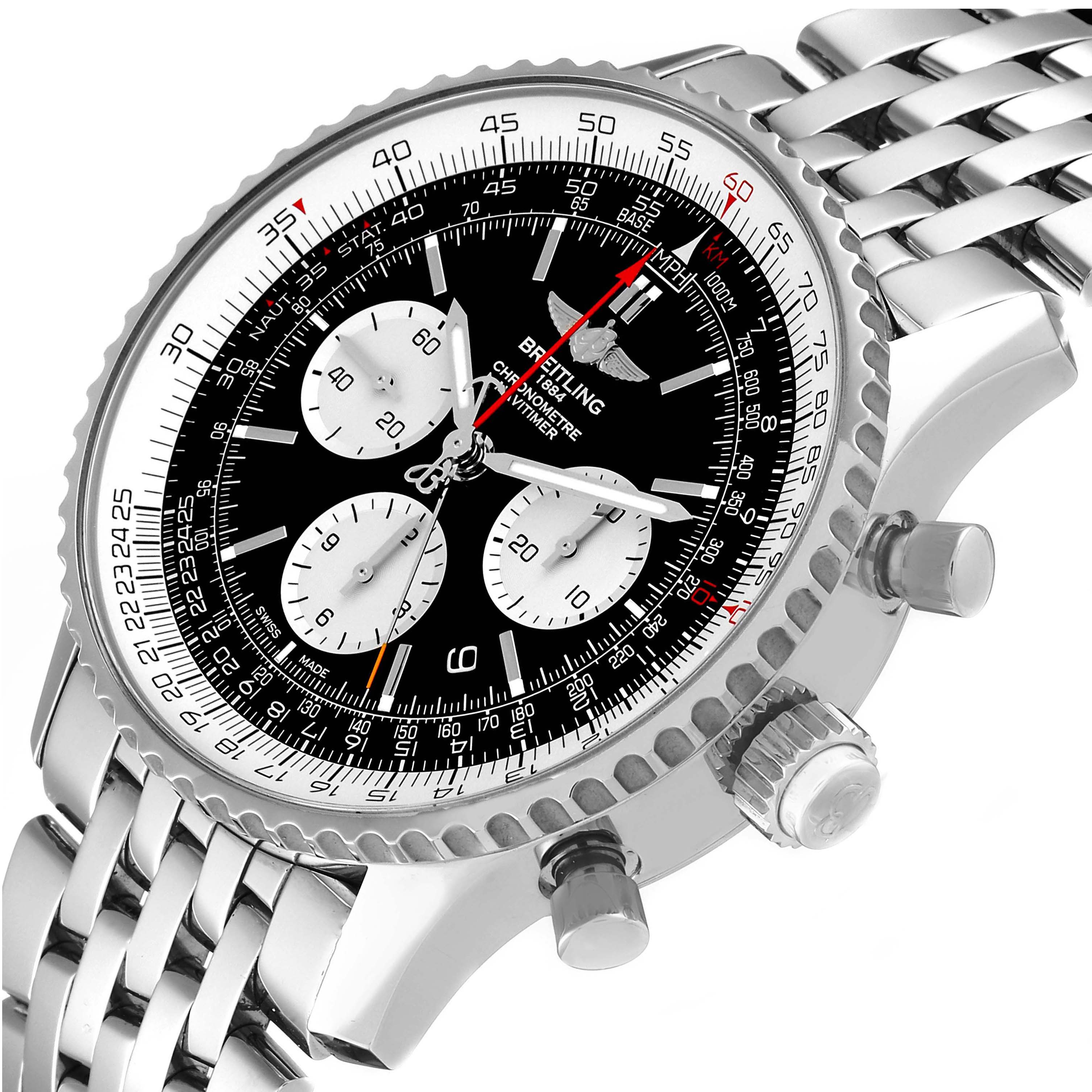 The image shows a Breitling Navitimer AB0310 Men's Stainless Steel Black Dial AB0310 Men's Stainless Steel Black Dial watch from a slightly tilted angle, highlighting the dial, bezel, and metal bracelet.