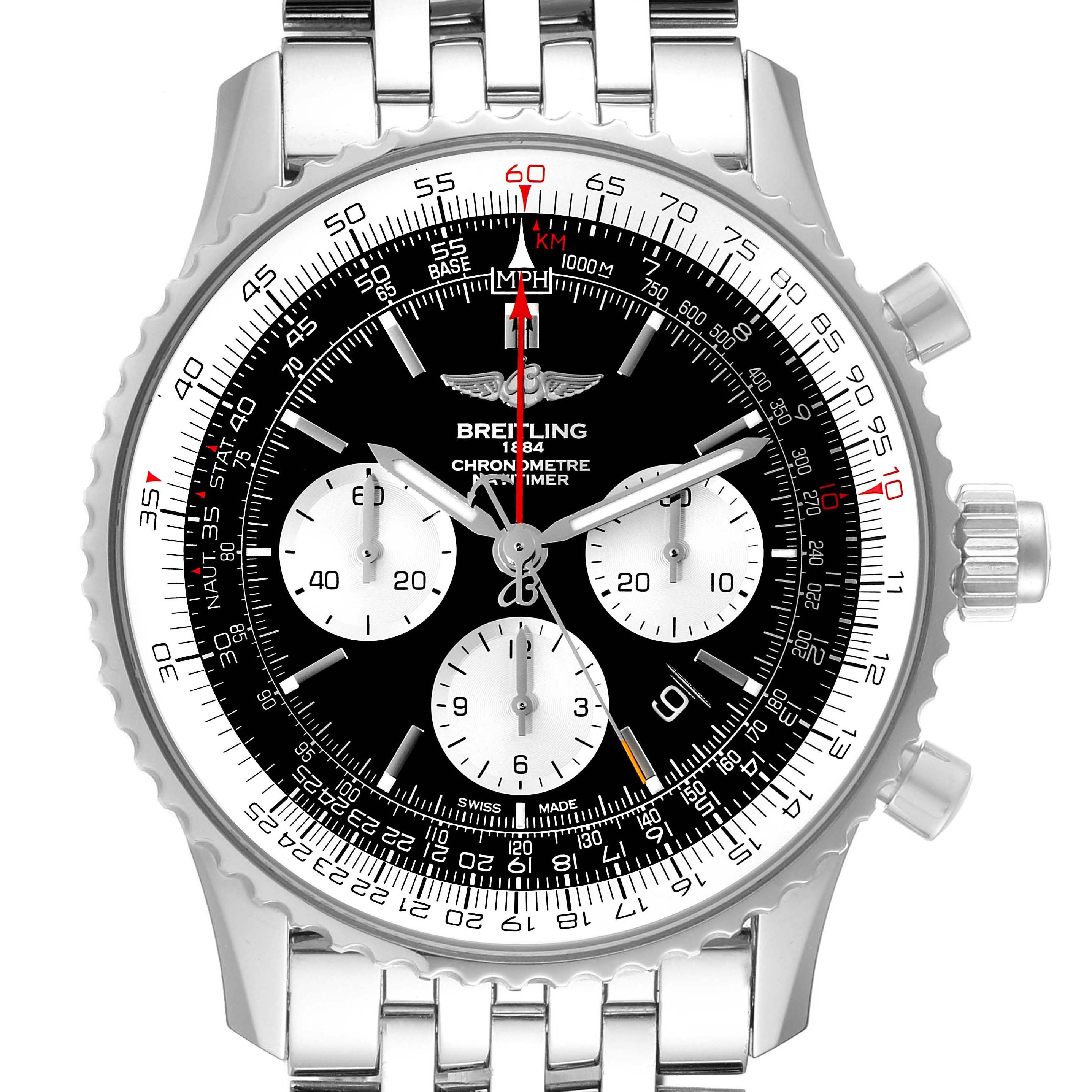 This image shows the front view of a Breitling Navitimer AB0310 Men's Stainless Steel Black Dial AB0310 Men's Stainless Steel Black Dial watch with a black dial, three sub-dials, and a stainless steel bracelet.