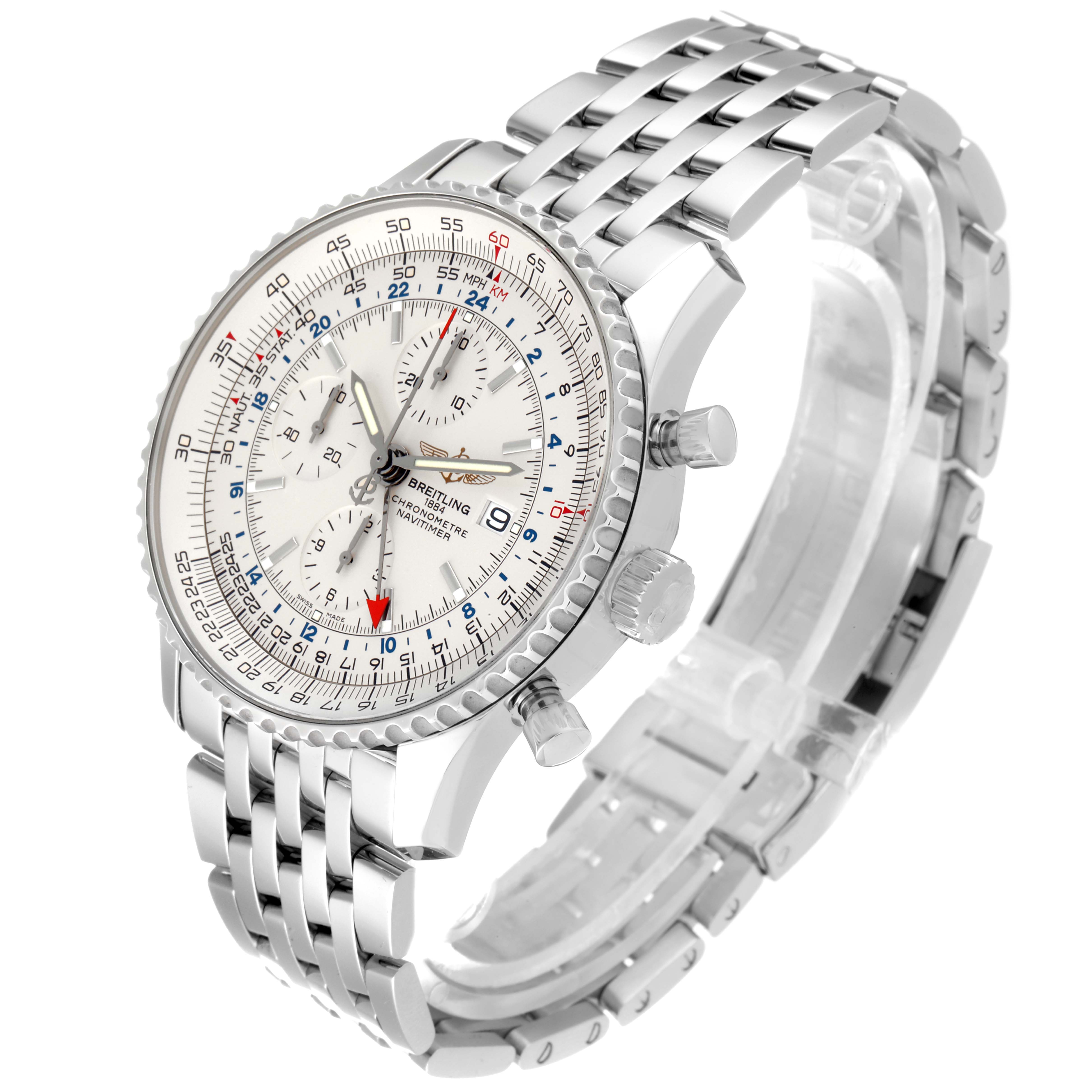 The image shows a Breitling Navitimer A24322 Men
s Stainless Steel Silver Dial A24322 Men
s Stainless Steel Silver Dial watch from a front-side angle, highlighting its face, bezel, and metal bracelet.
