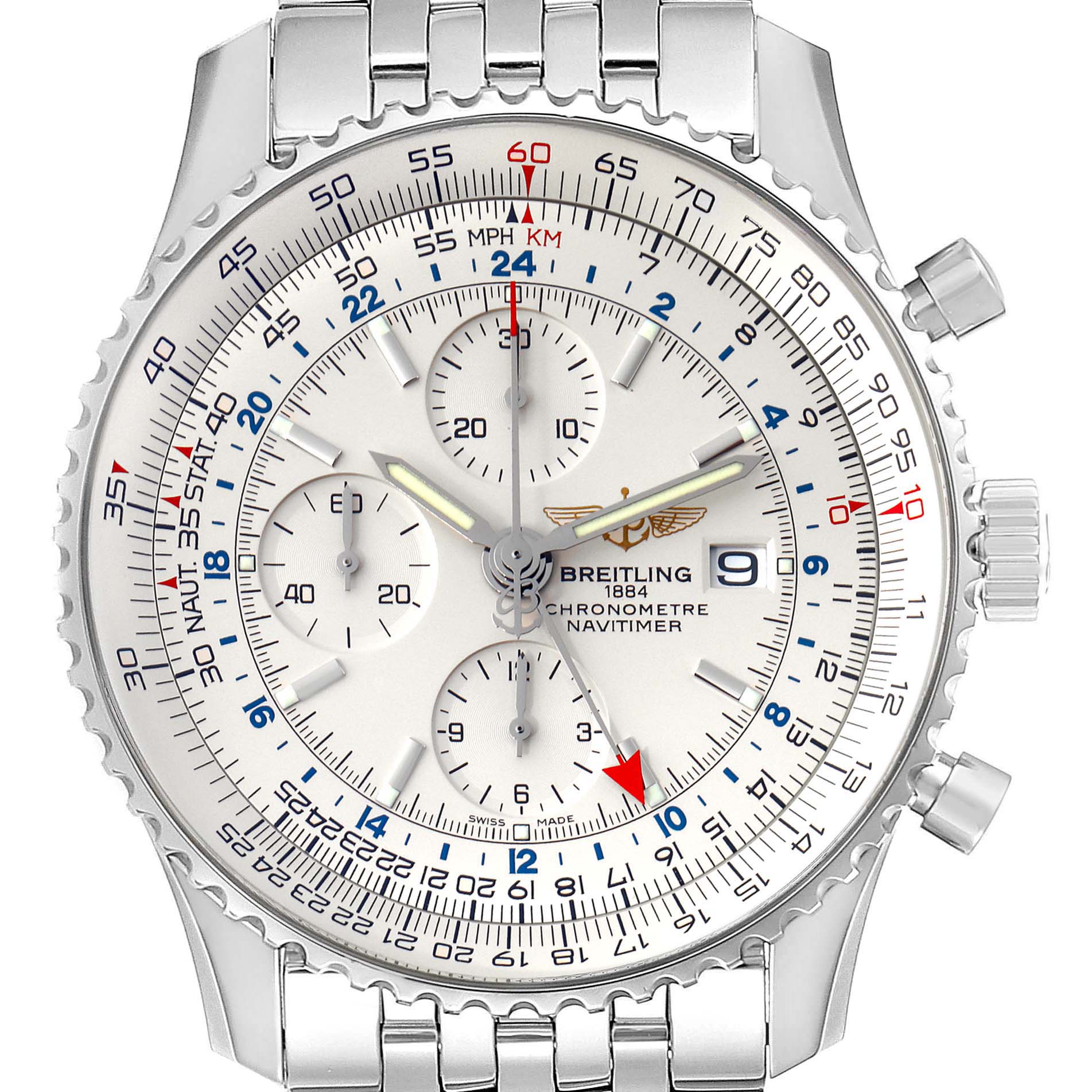 The image shows a front view of a Breitling Navitimer A24322 Men
s Stainless Steel Silver Dial A24322 Men
s Stainless Steel Silver Dial watch, displaying its dial, subdials, and a portion of the metal bracelet.