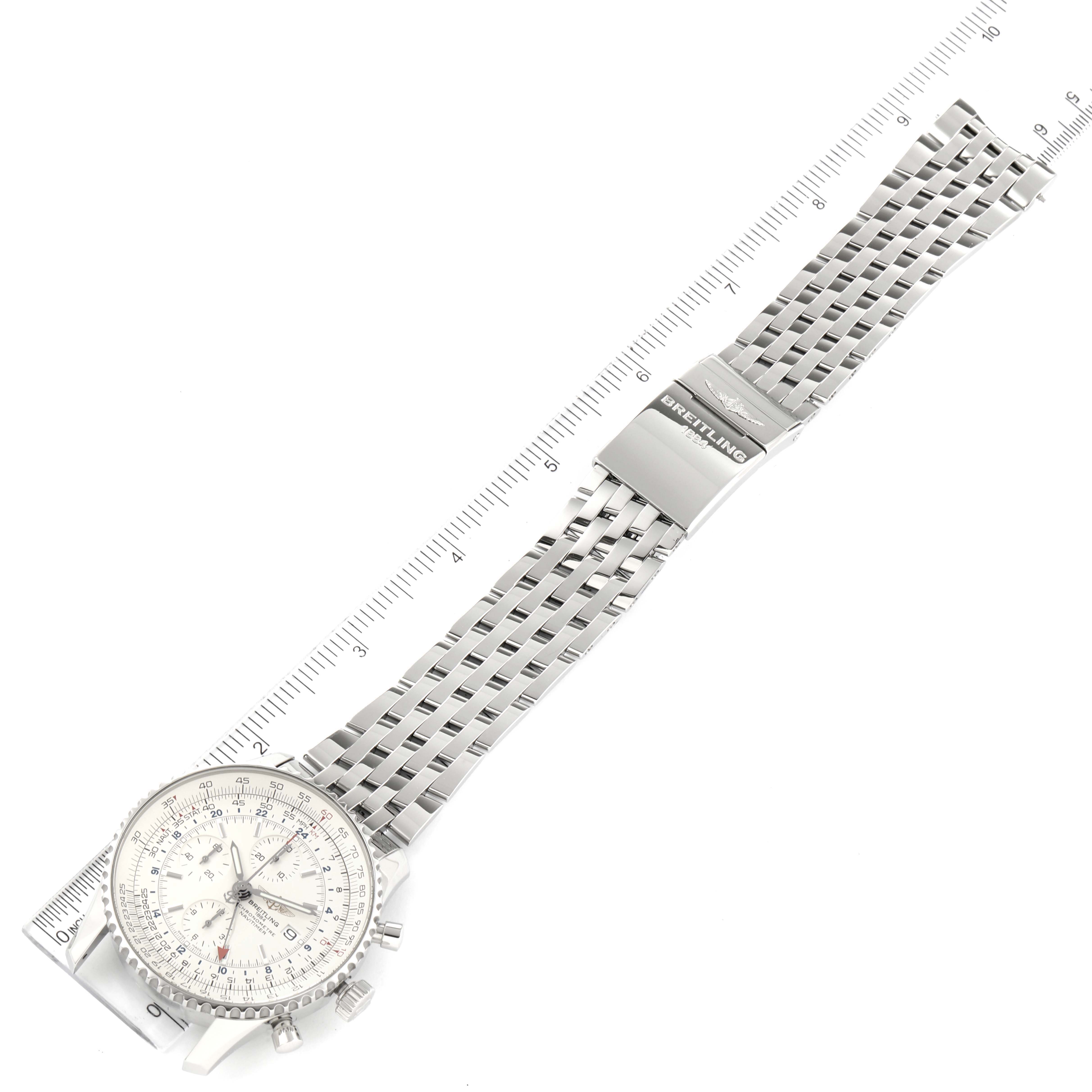 The Breitling Navitimer A24322 Men
s Stainless Steel Silver Dial A24322 Men
s Stainless Steel Silver Dial watch is shown from a top-down angle, displaying the face, bezel, and full bracelet with clasp.