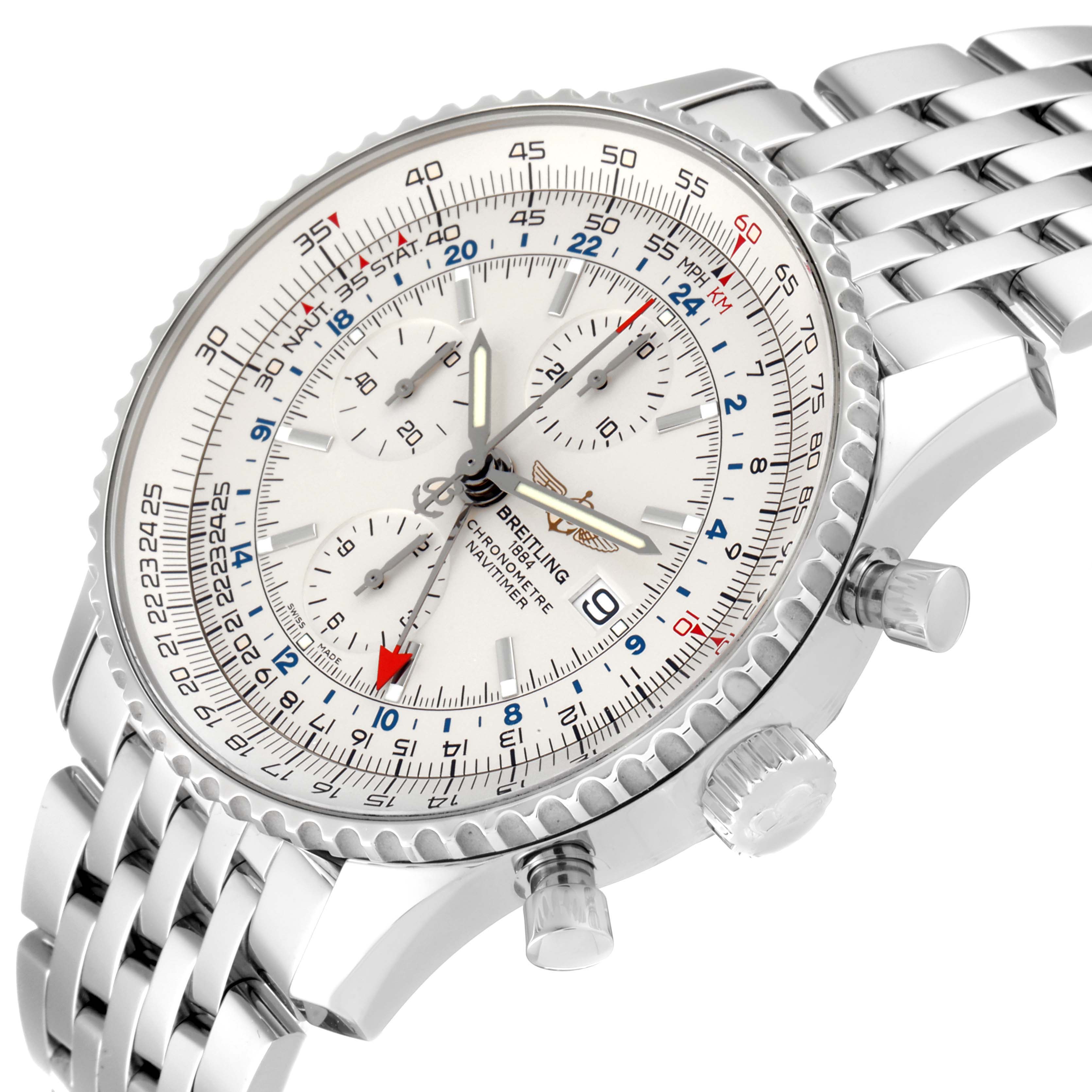 The image shows a close-up of the dial, bezel, crown, and part of the bracelet of the Breitling Navitimer A24322 Men
s Stainless Steel Silver Dial A24322 Men
s Stainless Steel Silver Dial watch at an angle.