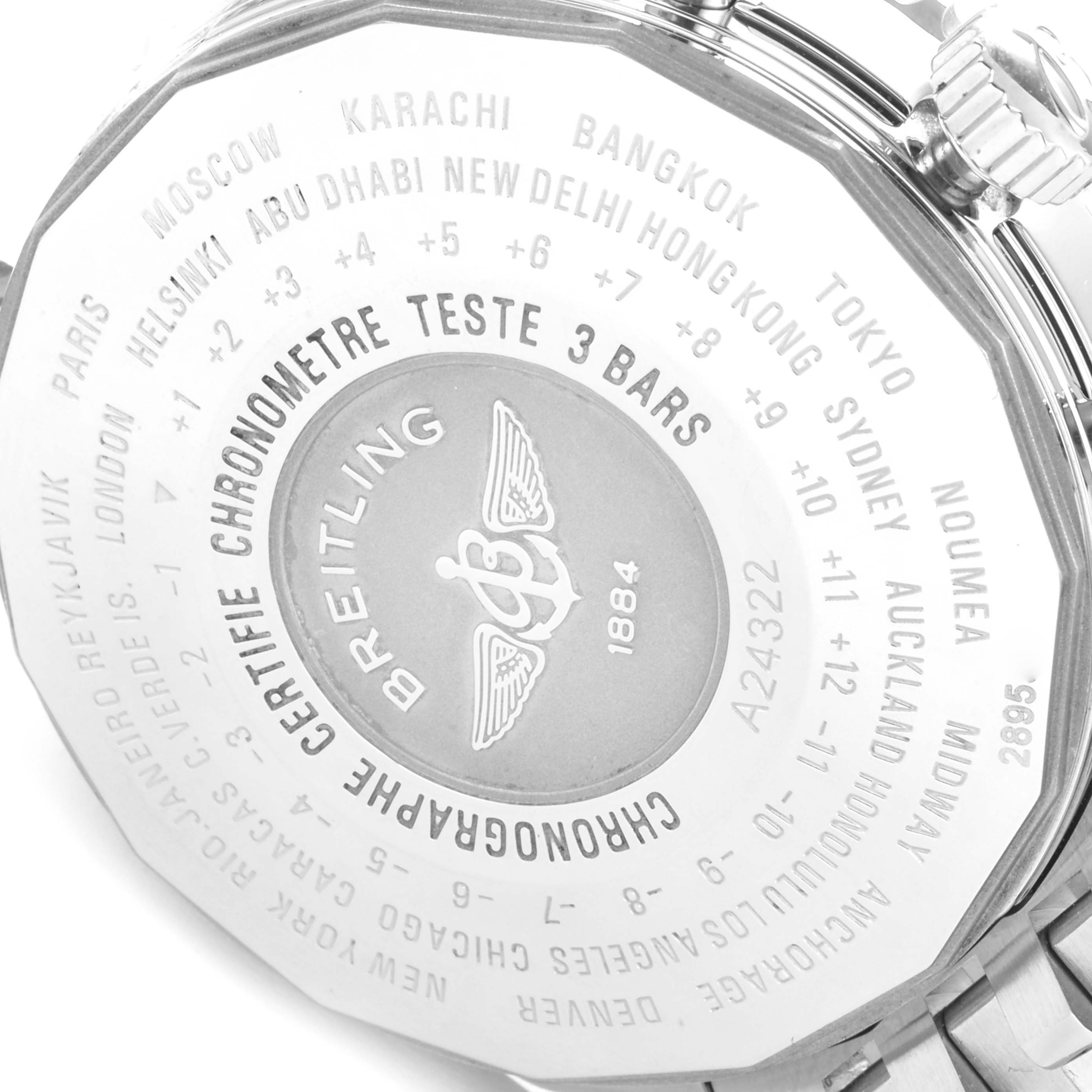 The image shows the back of a Breitling Navitimer A24322 Men
s Stainless Steel Silver Dial A24322 Men
s Stainless Steel Silver Dial watch, featuring various city names, time zones, and the brand
s logo.