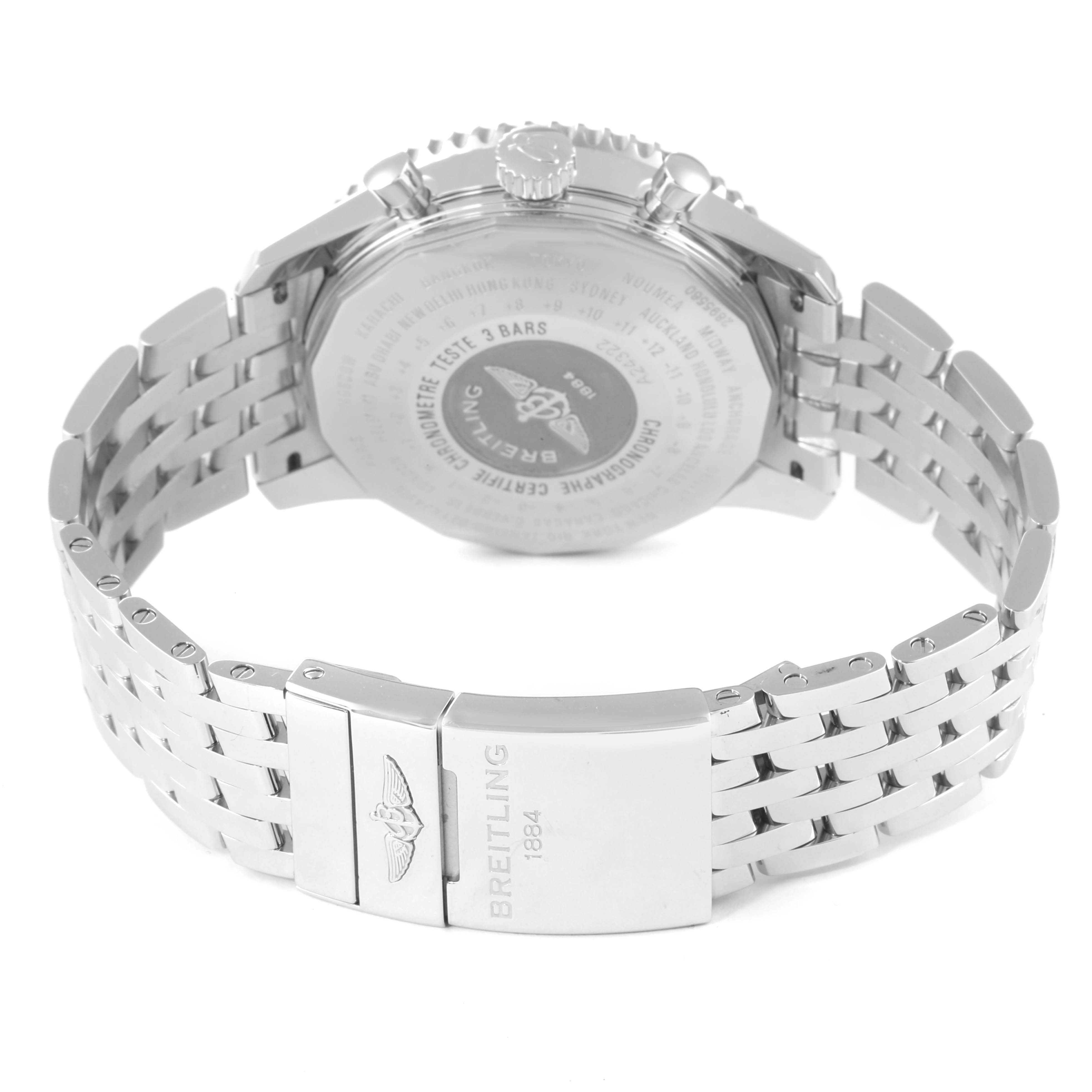 The image shows the back and clasp of a Breitling Navitimer A24322 Men
s Stainless Steel Silver Dial A24322 Men
s Stainless Steel Silver Dial watch, highlighting the stainless steel bracelet and engraved details.