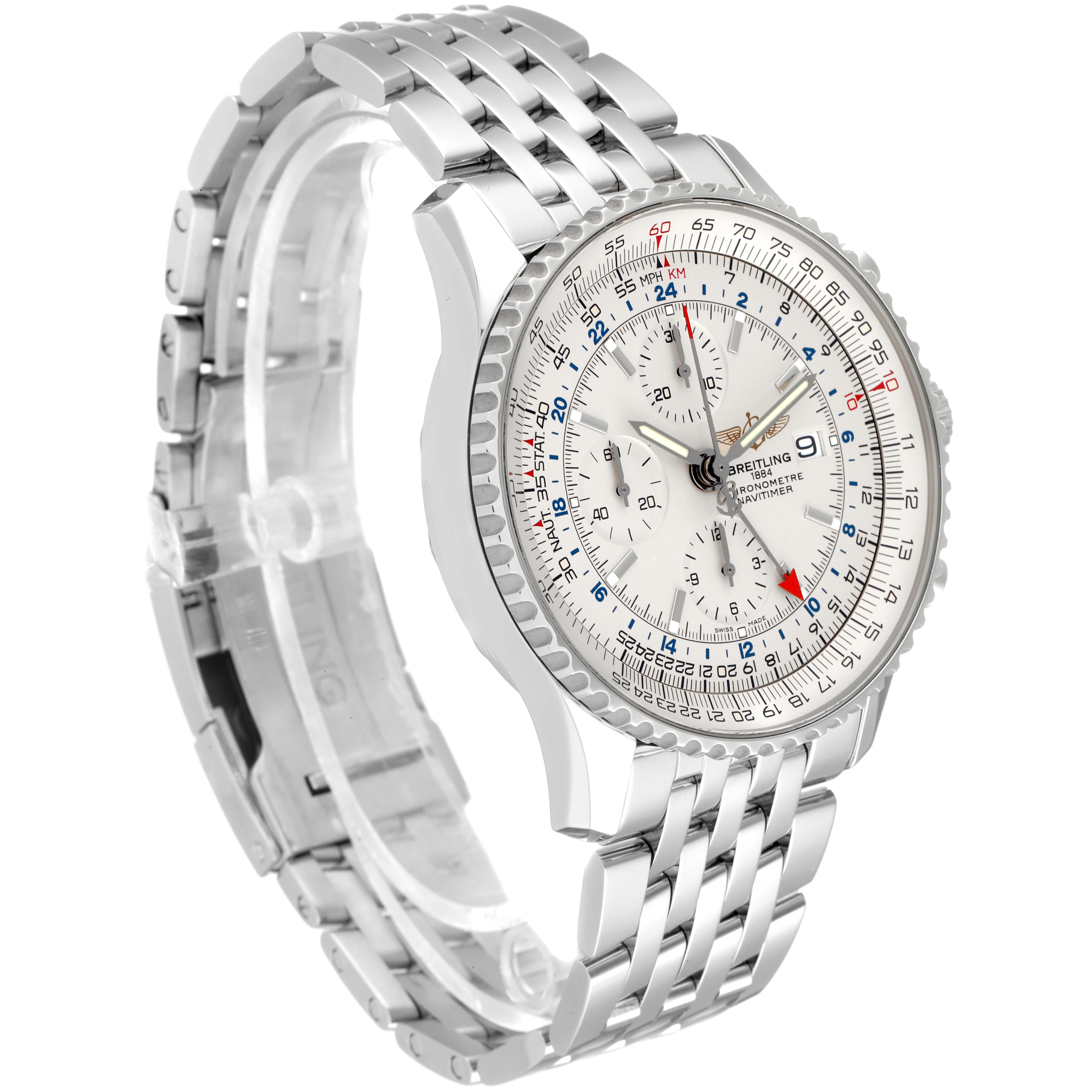 This image shows a Breitling Navitimer A24322 Men
s Stainless Steel Silver Dial A24322 Men
s Stainless Steel Silver Dial watch, angled to display its face and stainless steel bracelet.