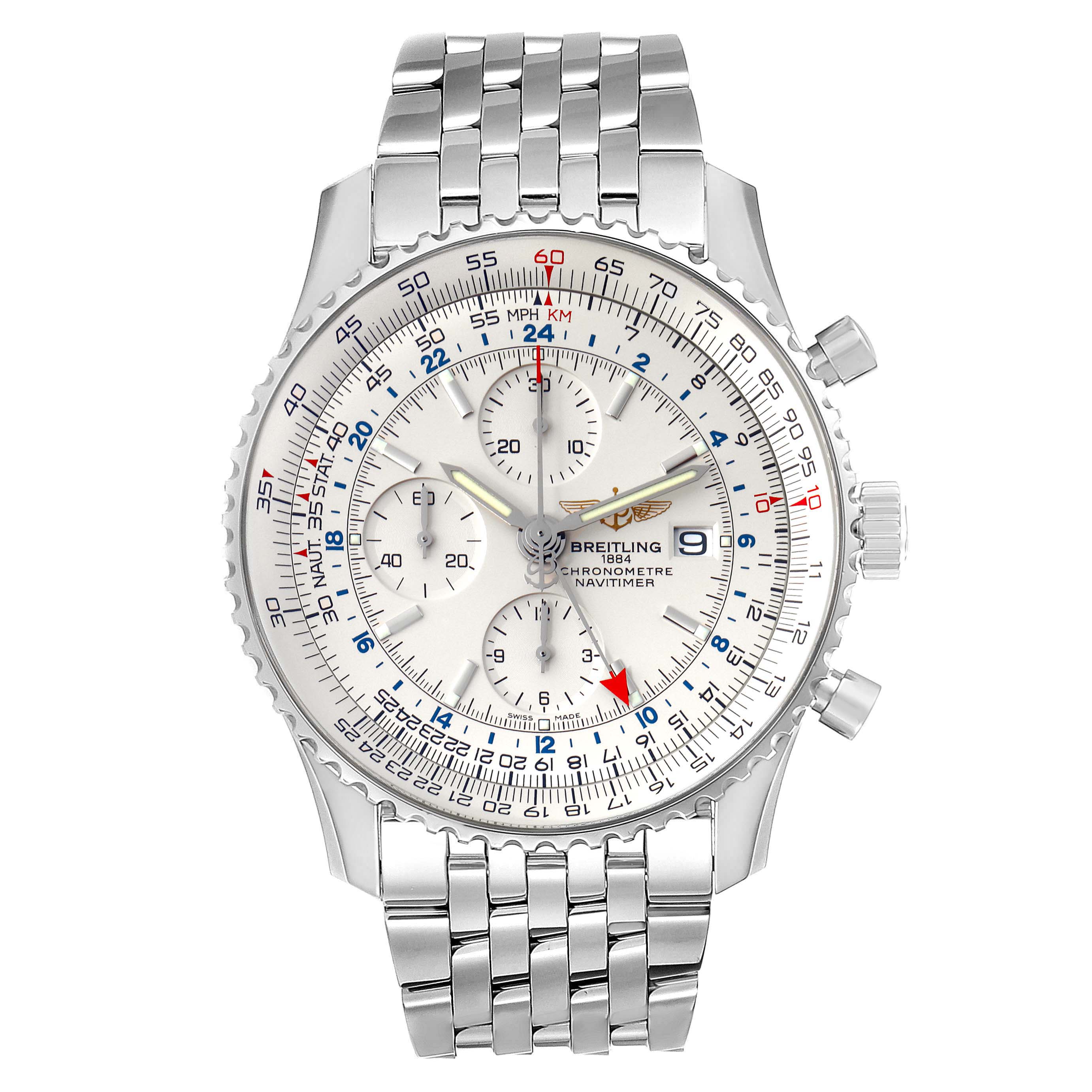 This image shows a front view of a Breitling Navitimer A24322 Men
s Stainless Steel Silver Dial A24322 Men
s Stainless Steel Silver Dial watch, displaying its dial, bezel, and stainless steel bracelet.